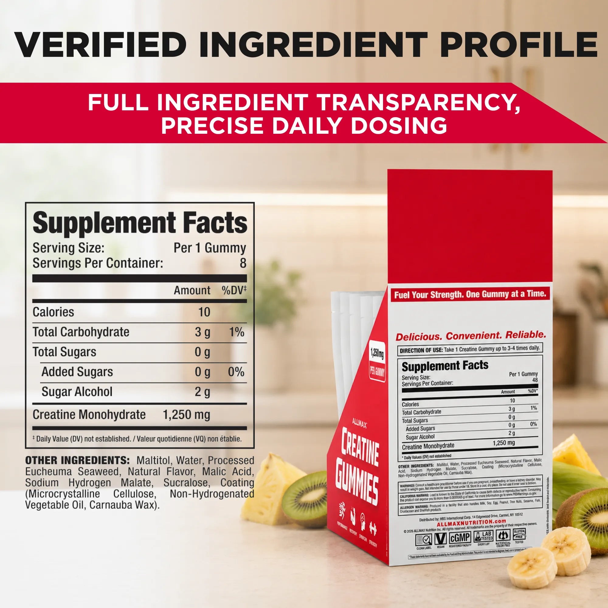 A supplement gummy box shown on a kitchen counter with banana slices, alongside a large Supplement Facts panel and the text 'VERIFIED INGREDIENT PROFILE' and 'FULL INGREDIENT TRANSPARENCY, PRECISE DAILY DOSING.'.