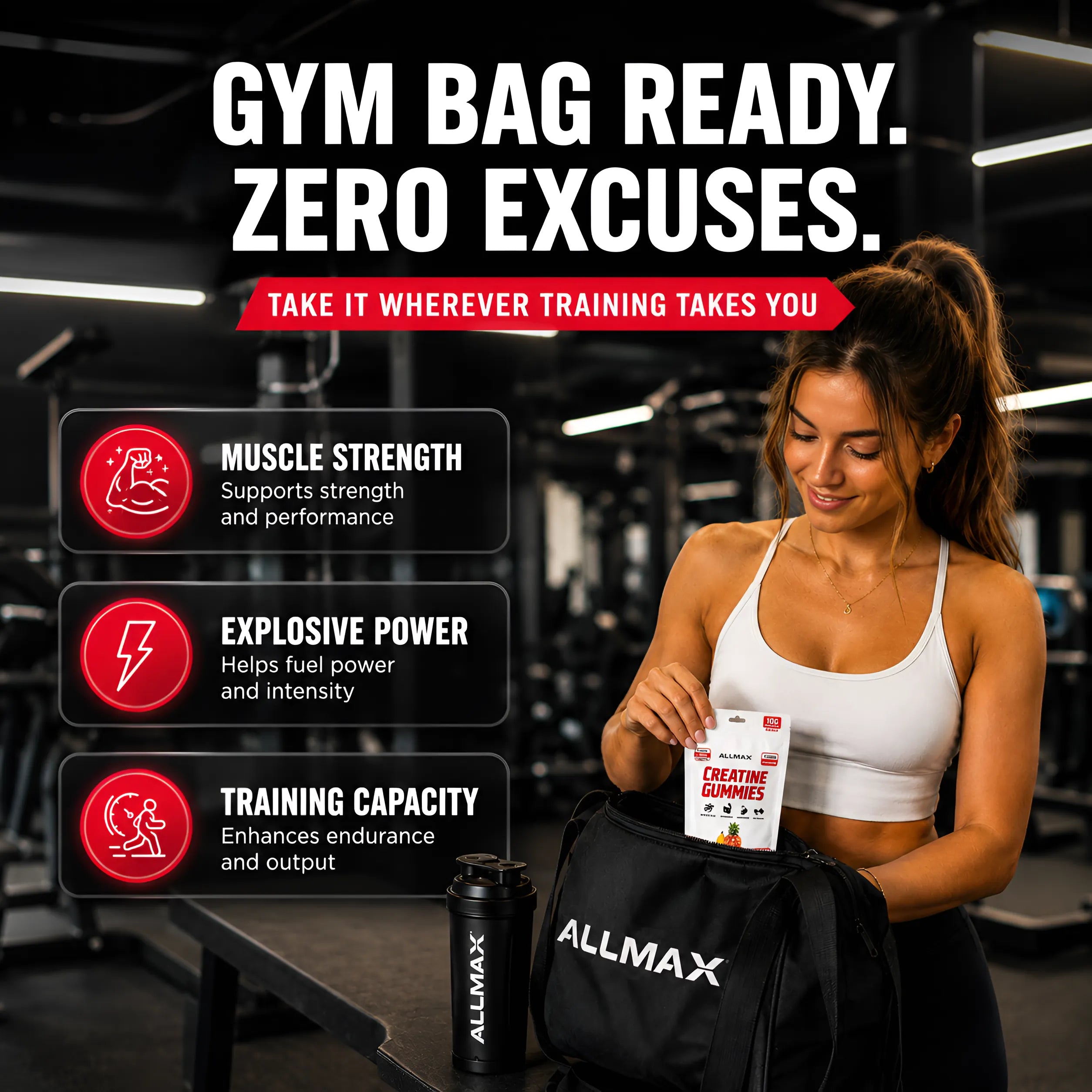 A woman in a gym holds a black Allmax gym bag while looking into Creatine Gummies. The bag has the brand name 'ALLMAX' printed in white on the front.