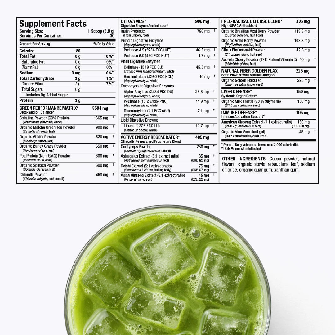Nutritional supplement label with a green drink on a white background