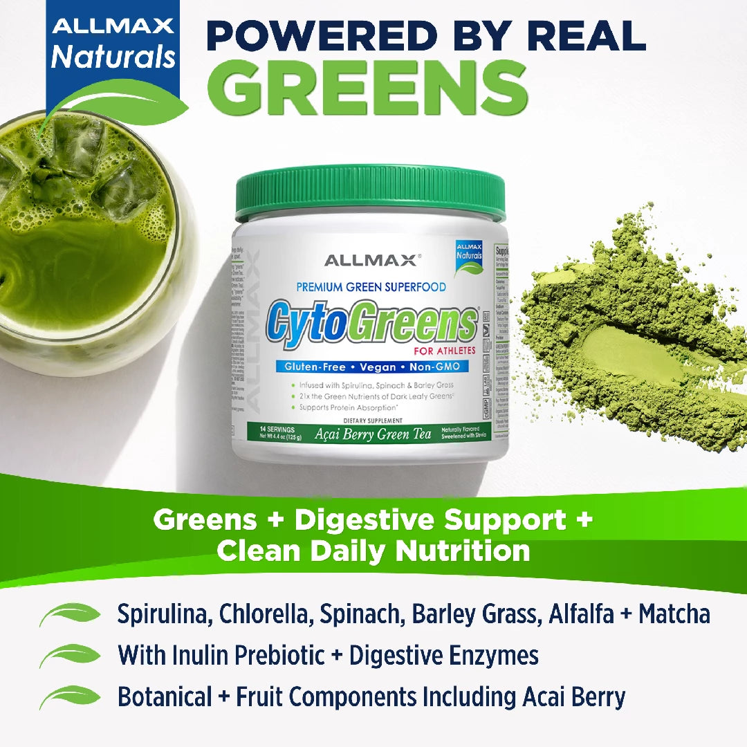 Allmax CytoGreens supplement with green powder, green juice, and text highlighting benefits on a white background.