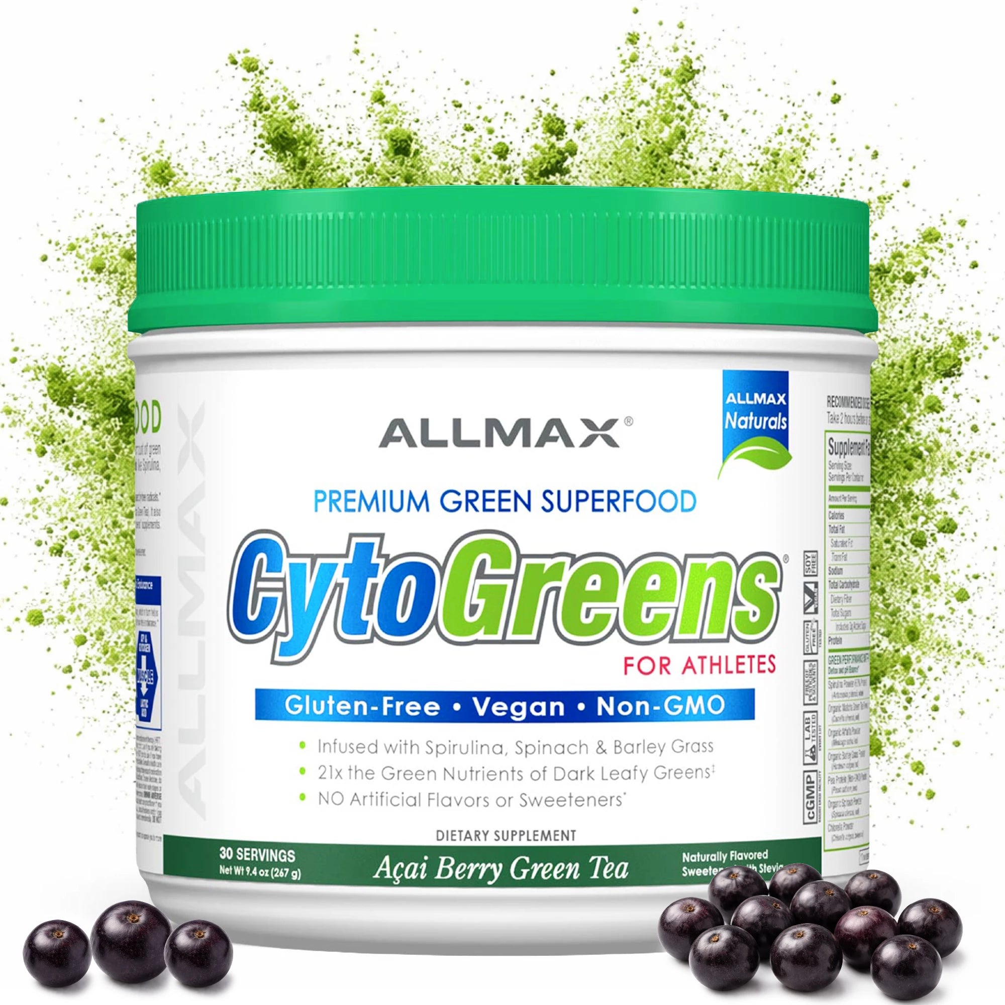 Allmax CytoGreens supplement container with green powder and acai berries on a white background
