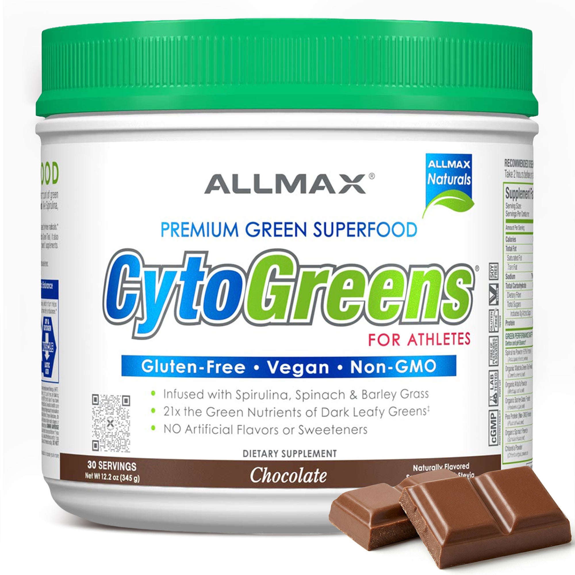 Allmax CytoGreens supplement container with chocolate flavor on a white background