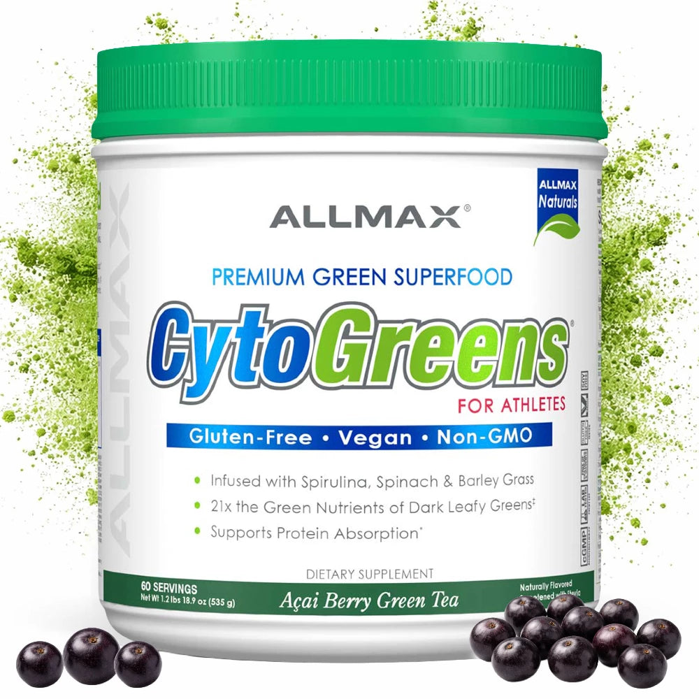 Allmax CytoGreens supplement container with green lid and acai berries on a white background
