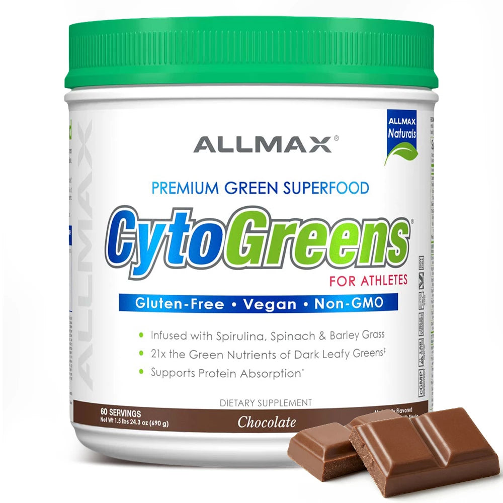 Allmax CytoGreens supplement container with chocolate pieces on a white background