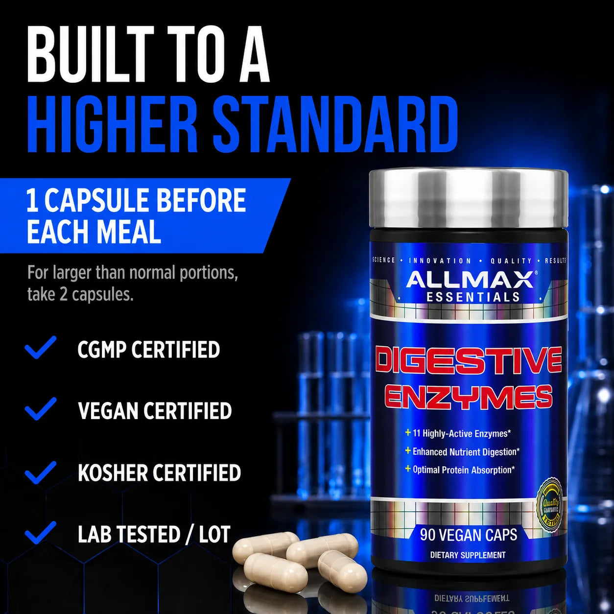 A bottle of All Max Essentials Digestive Enzymes dietary supplement shown on a dark blue and black promotional background, with several capsules in front of the bottle and marketing text on the left.