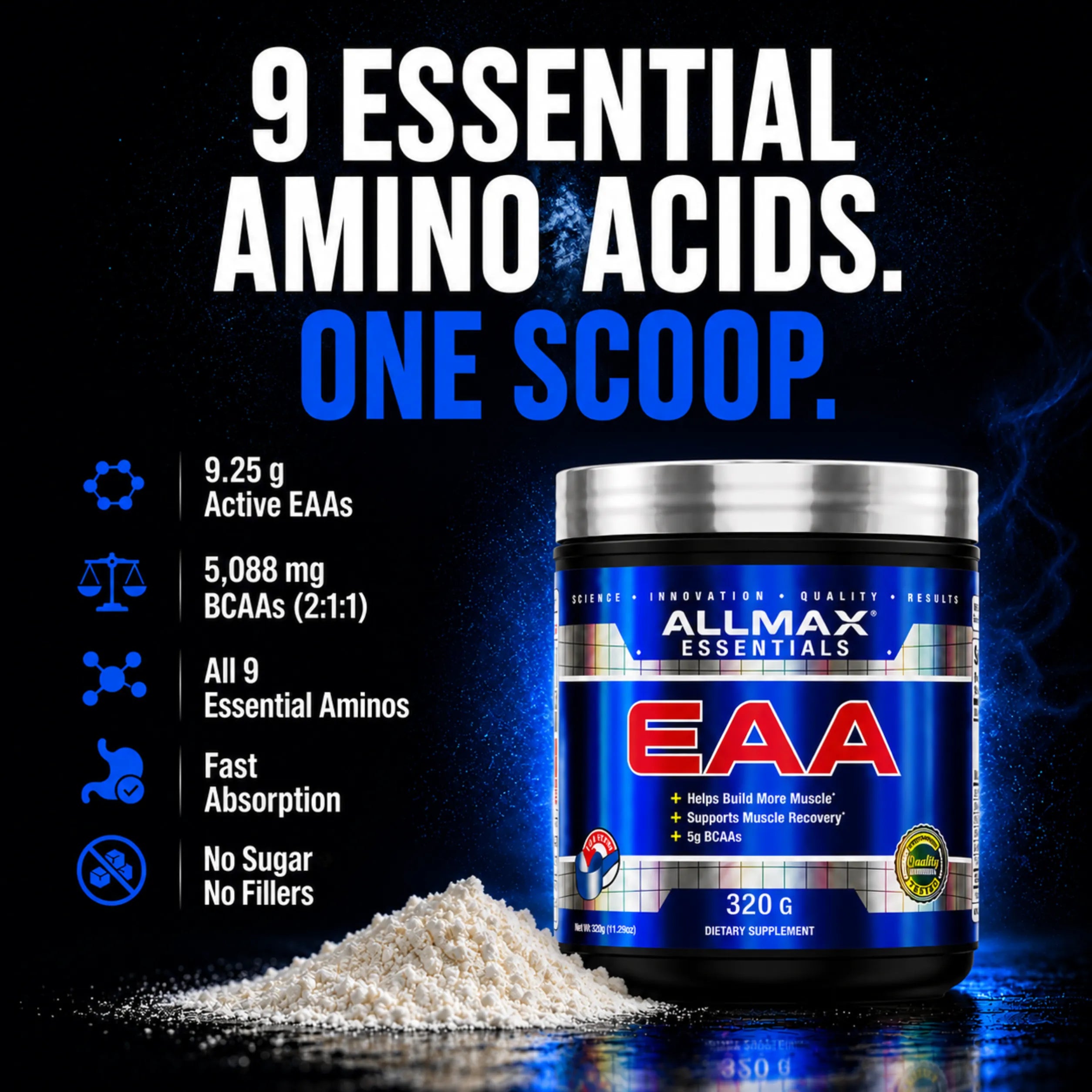 A tub of Allmax Essentials EAA (Essential Amino Acids) dietary supplement shown on a dark blue and black background with marketing text and a pile of white powder in front. The product container is blue and silver with red and white branding.