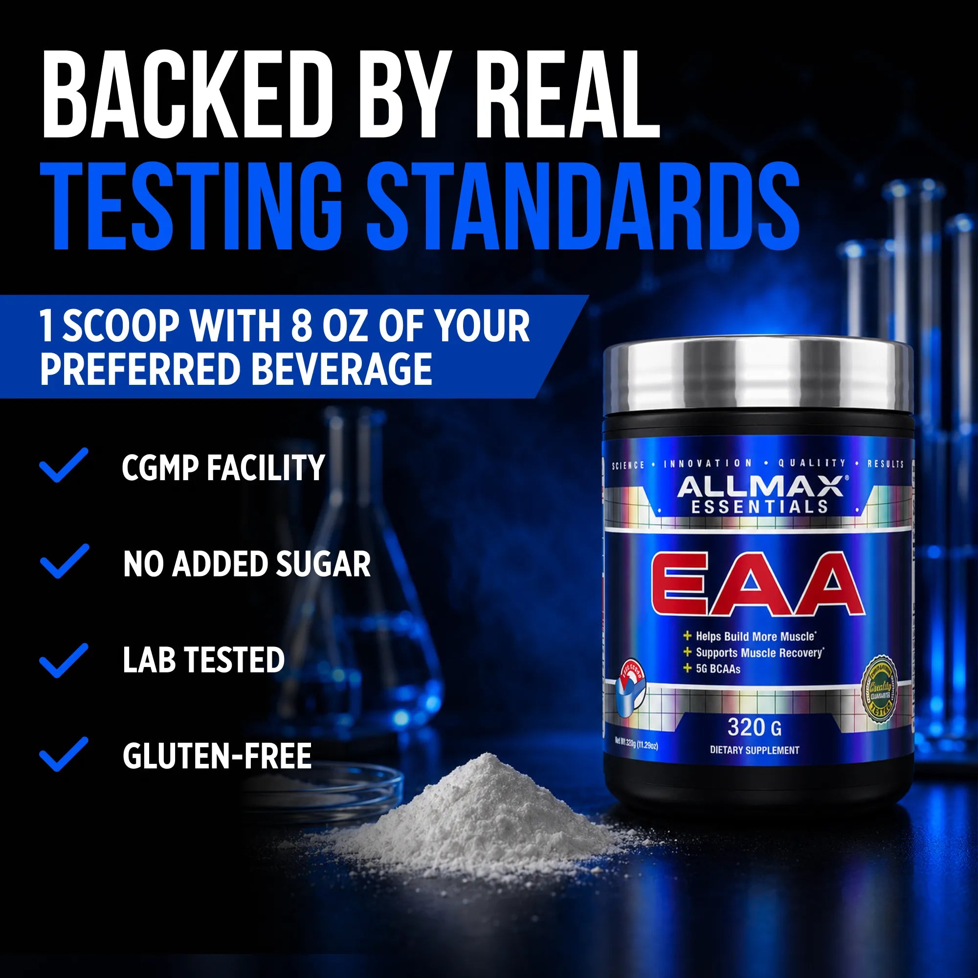 A tub of EAA Allmax Essentials supplement powder shown on a dark blue promotional background with text highlighting real testing standards, a CGMP facility, no added sugar, lab-tested quality, and gluten-free status.