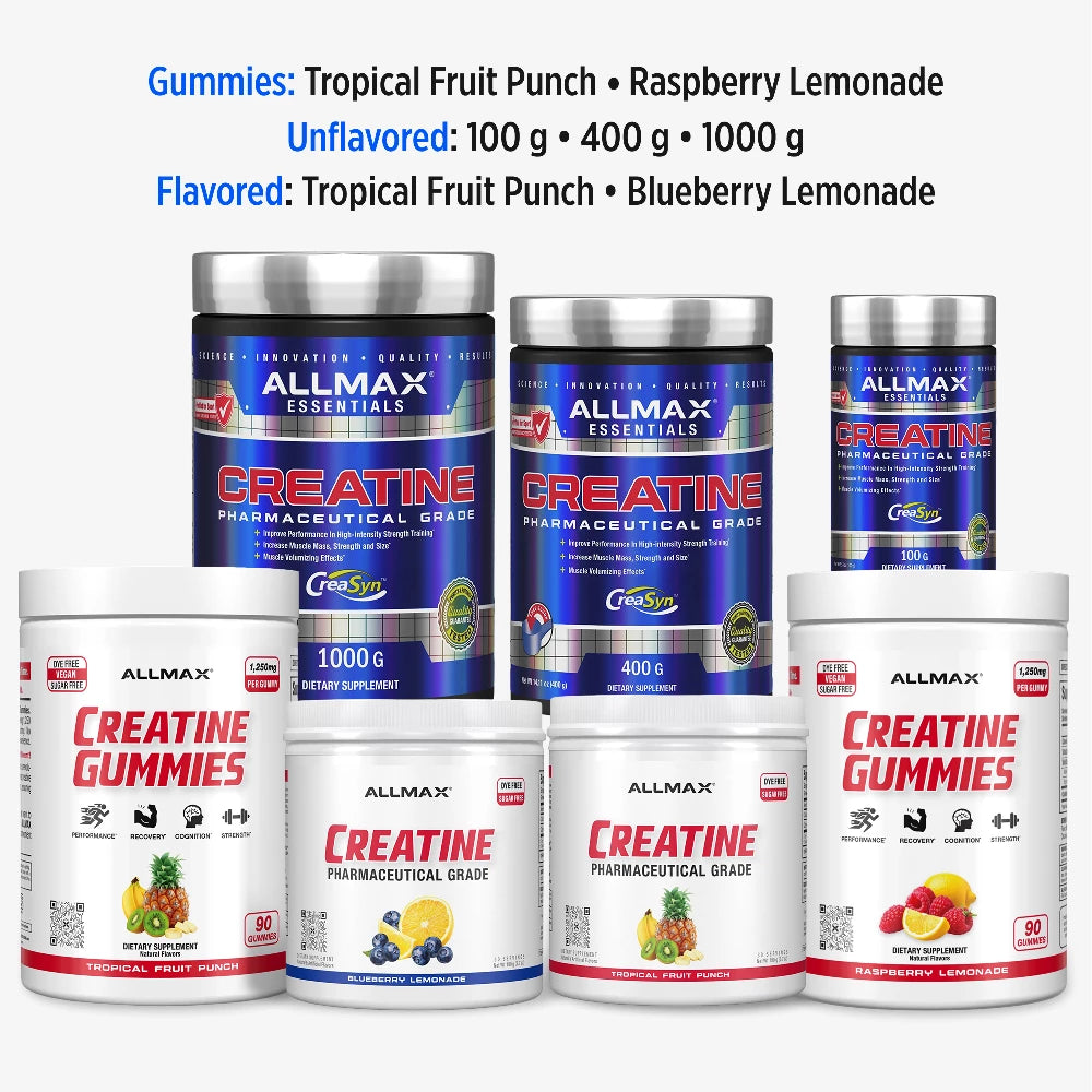 Collection of Allmax Essentials creatine and gummies products on a white background
