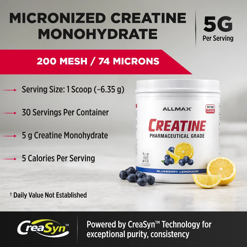Allmax Creatine supplement container with nutritional information on a gray background
