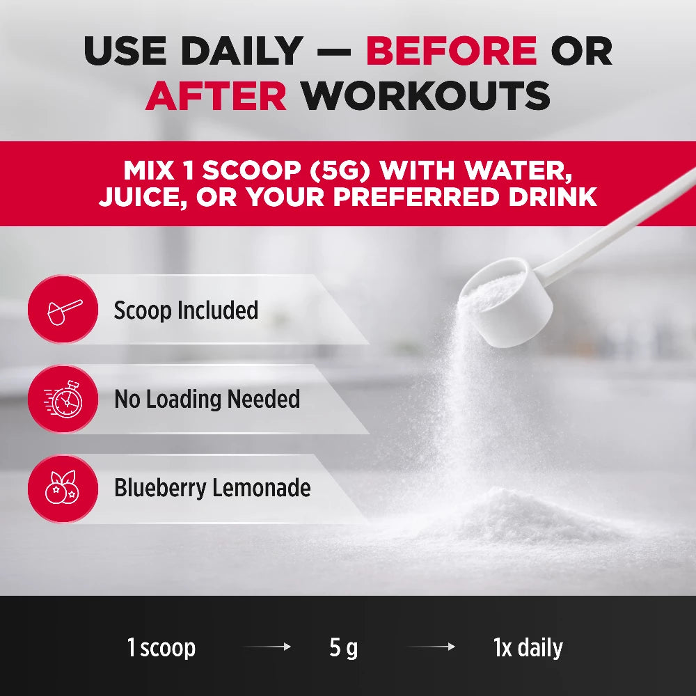 Supplement packaging with text on usage, flavor, and included scoop.