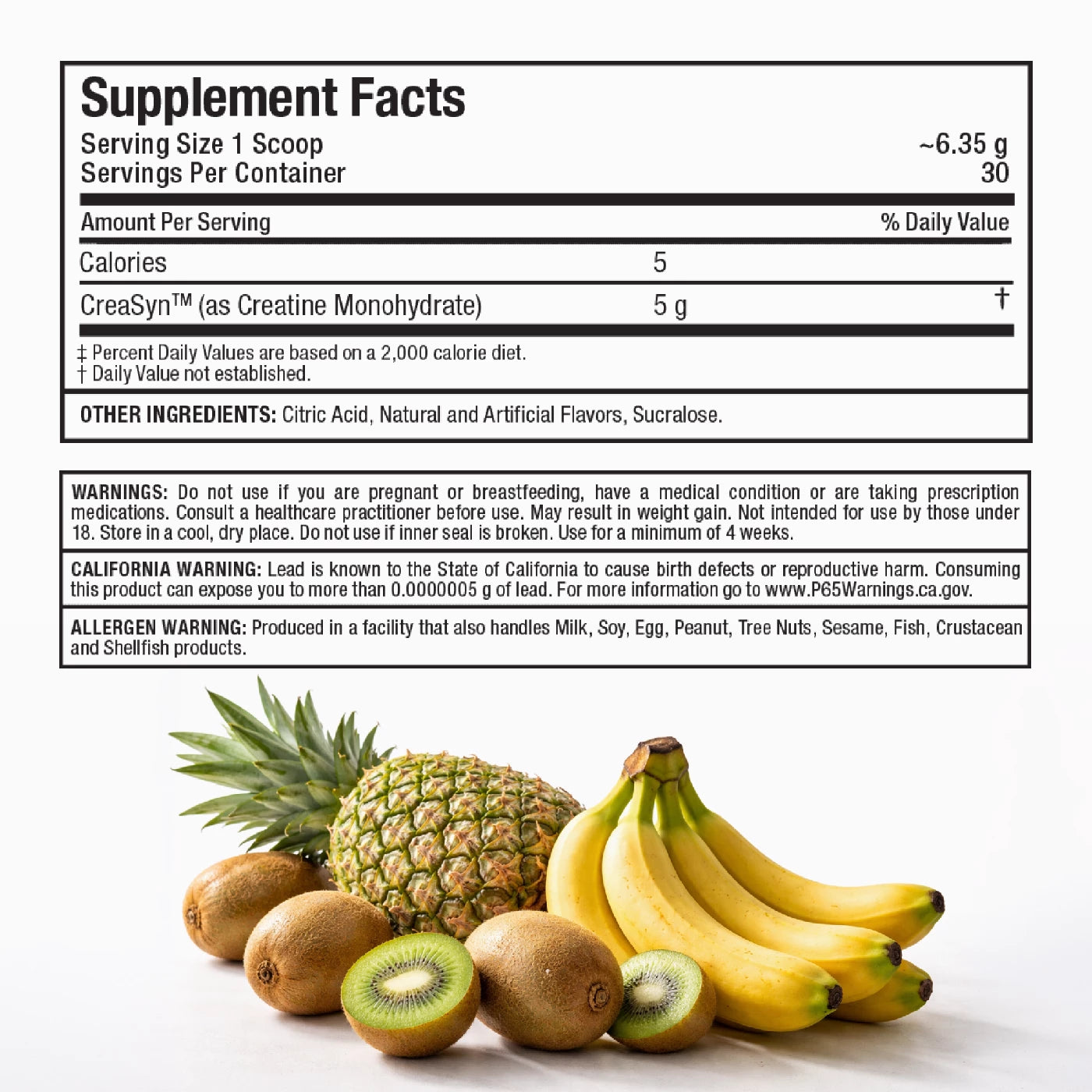 Supplement facts label with fruits on a white background