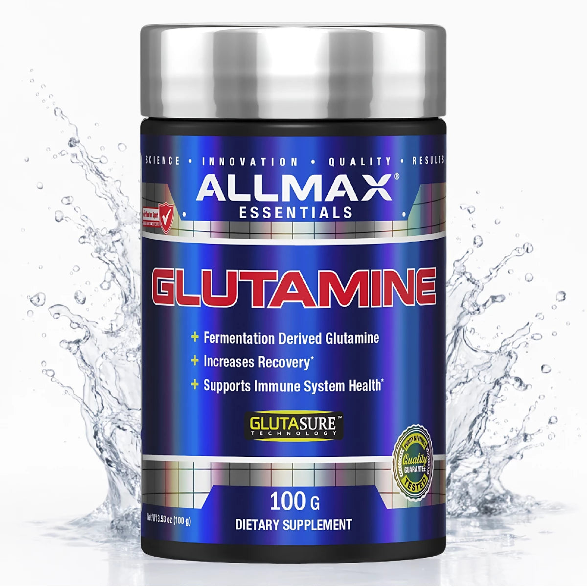 Allmax Essentials Glutamine supplement container with water splash background