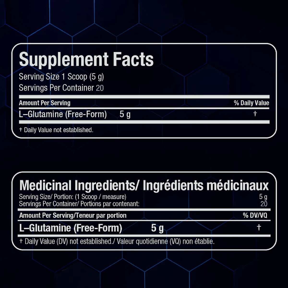 Supplement facts label with L-Glutamine content on a dark background