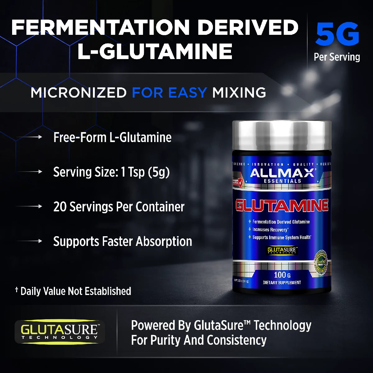 Allmax Essentials L-Glutamine supplement with product details on a dark background