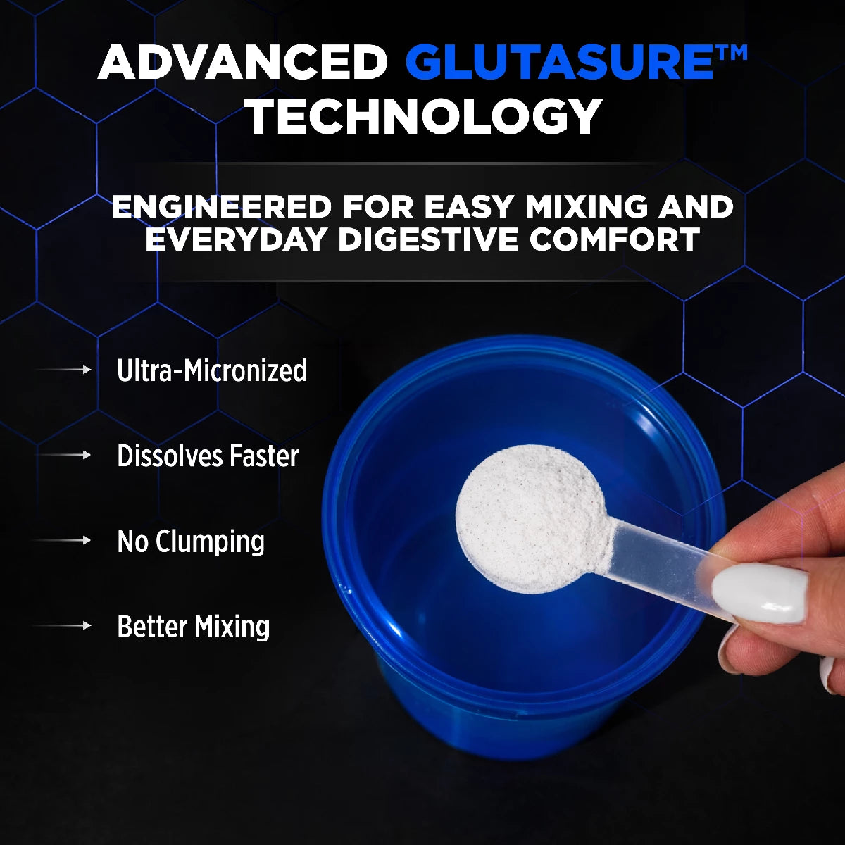Spoonful of white powder over a blue container with text about Advanced Glutasure technology on a dark background.