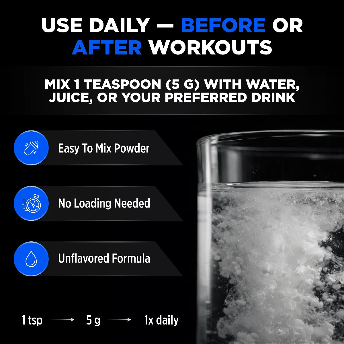 Product packaging with text on using daily, before or after workouts, and a glass of water with powder.