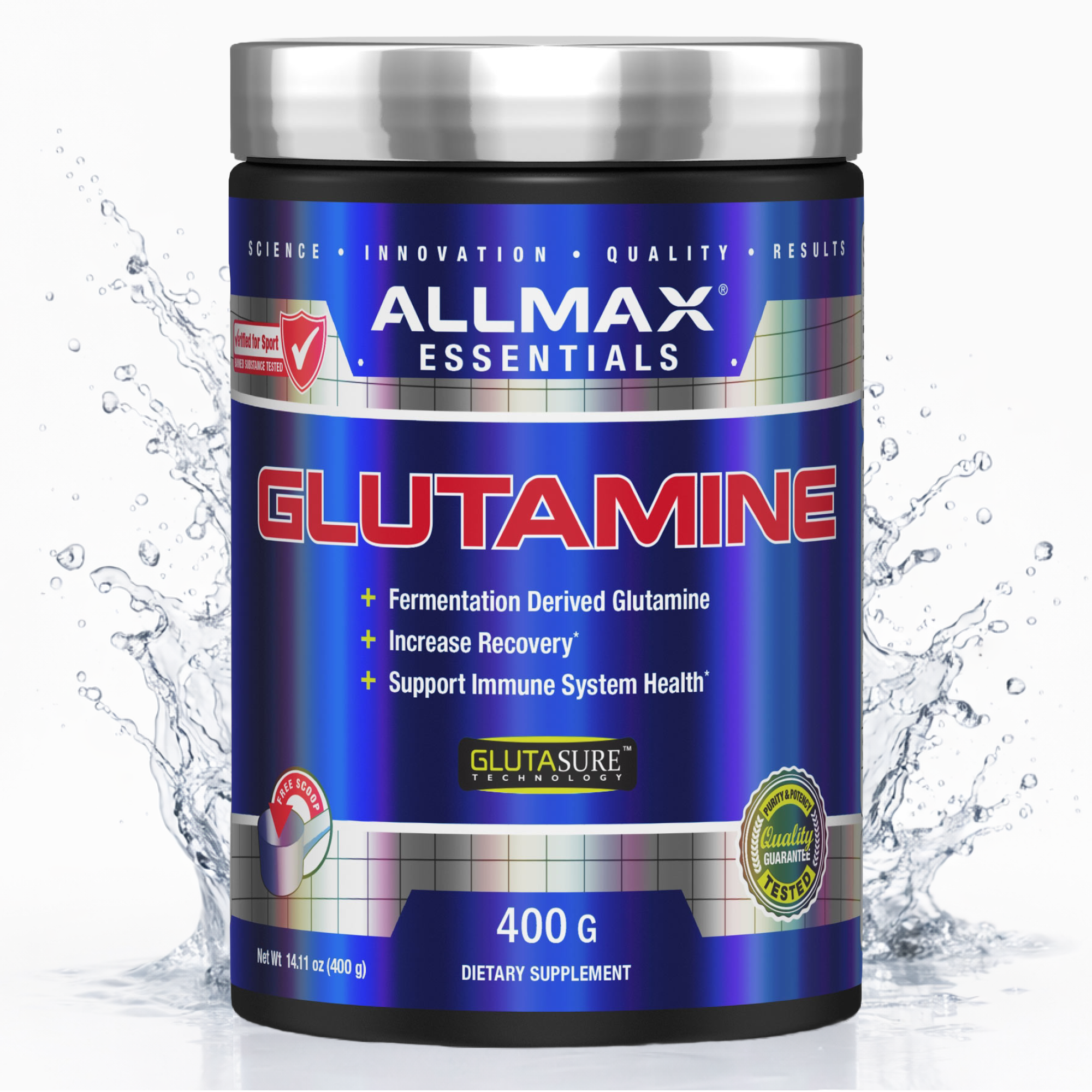 Allmax Essentials Glutamine supplement container with water splash background