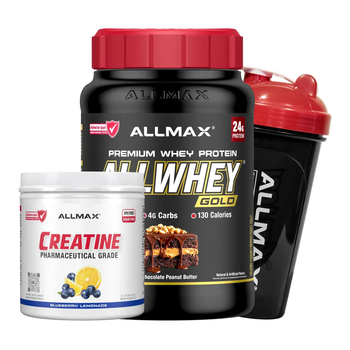 Two Allmax branded supplement products and a shaker bottle on a plain white background: a white tub labeled Creatine, a black tub labeled ALLWHEY GOLD, and a black shaker bottle with a red lid.