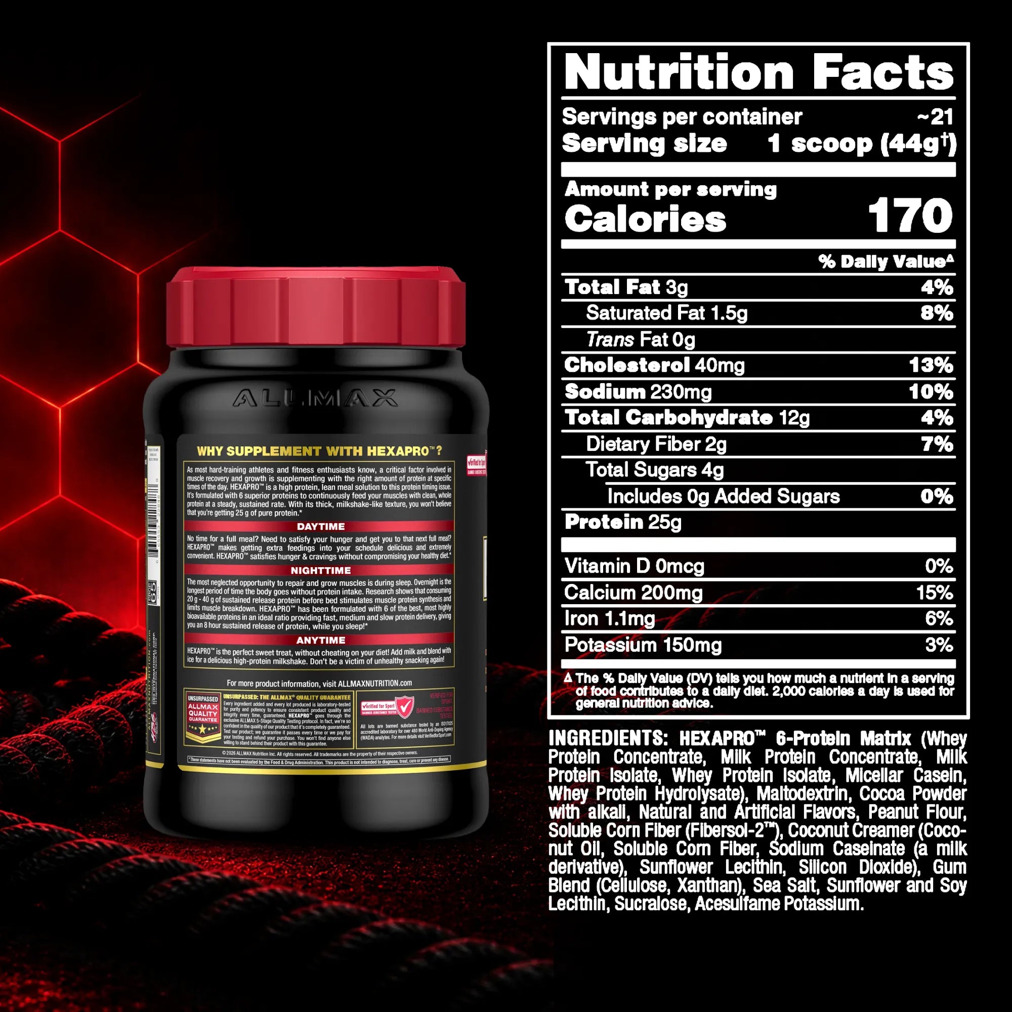 A black supplement tub with a red cap shown beside a large Nutrition Facts label. The tub label reads Hexapro and shows the back side, while the right panel details calories, nutrients, and ingredients.