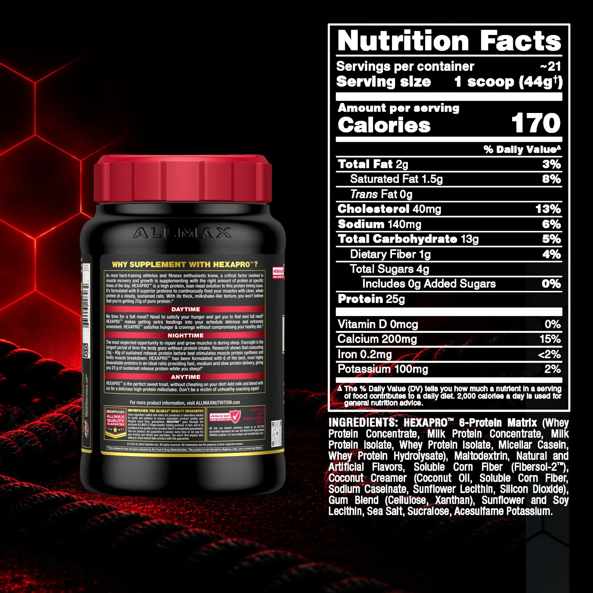 A black supplement tub with a red lid shown beside a large Nutrition Facts panel on a dark red background with glowing hexagon graphics. The label text is mostly too small to read clearly, but the product appears to be a protein powder container.