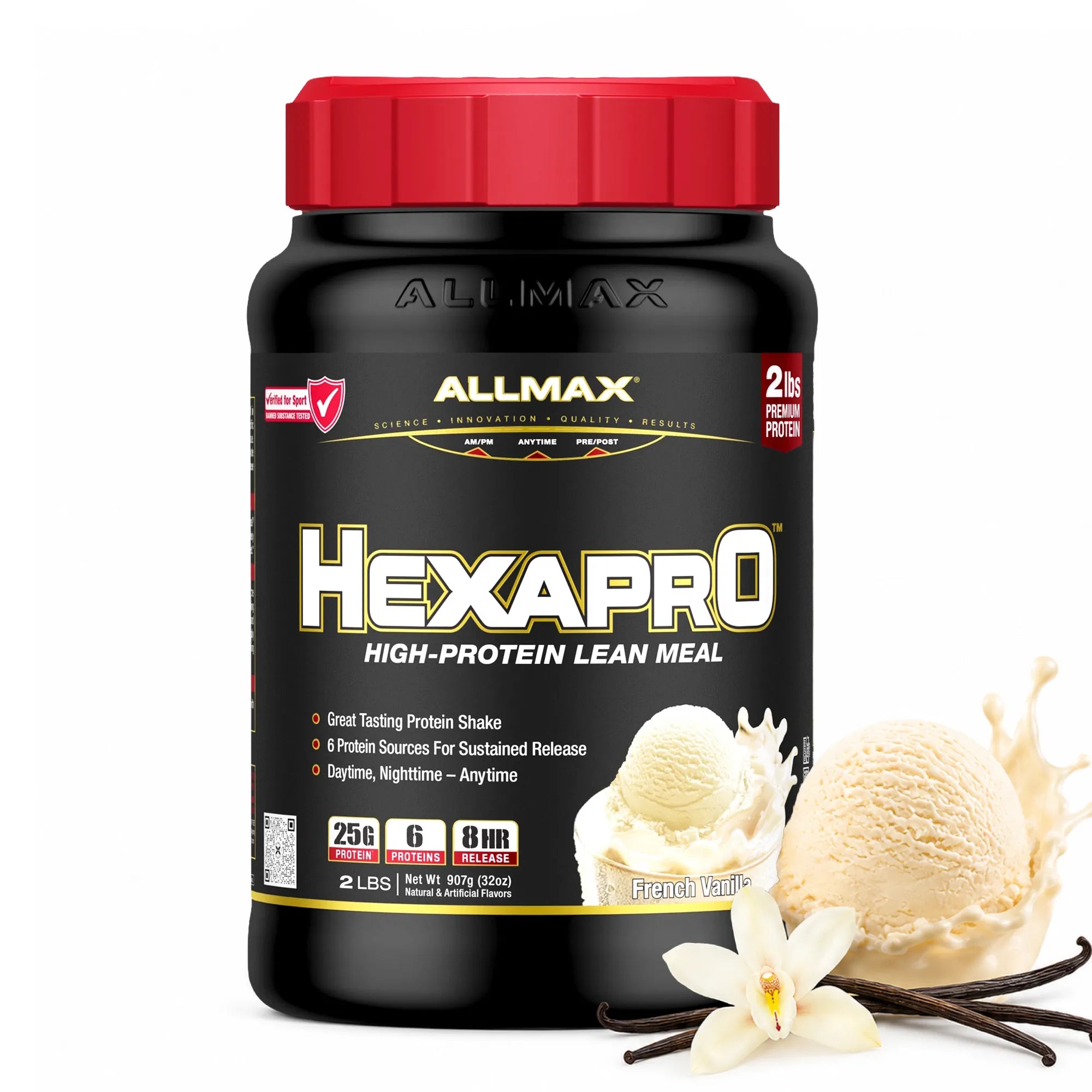 A tub of Allmax Hexapro High-Protein Lean Meal powder in vanilla flavor, featuring a black container with a red lid and vanilla ice cream, vanilla bean, and flower illustrations on a white background.