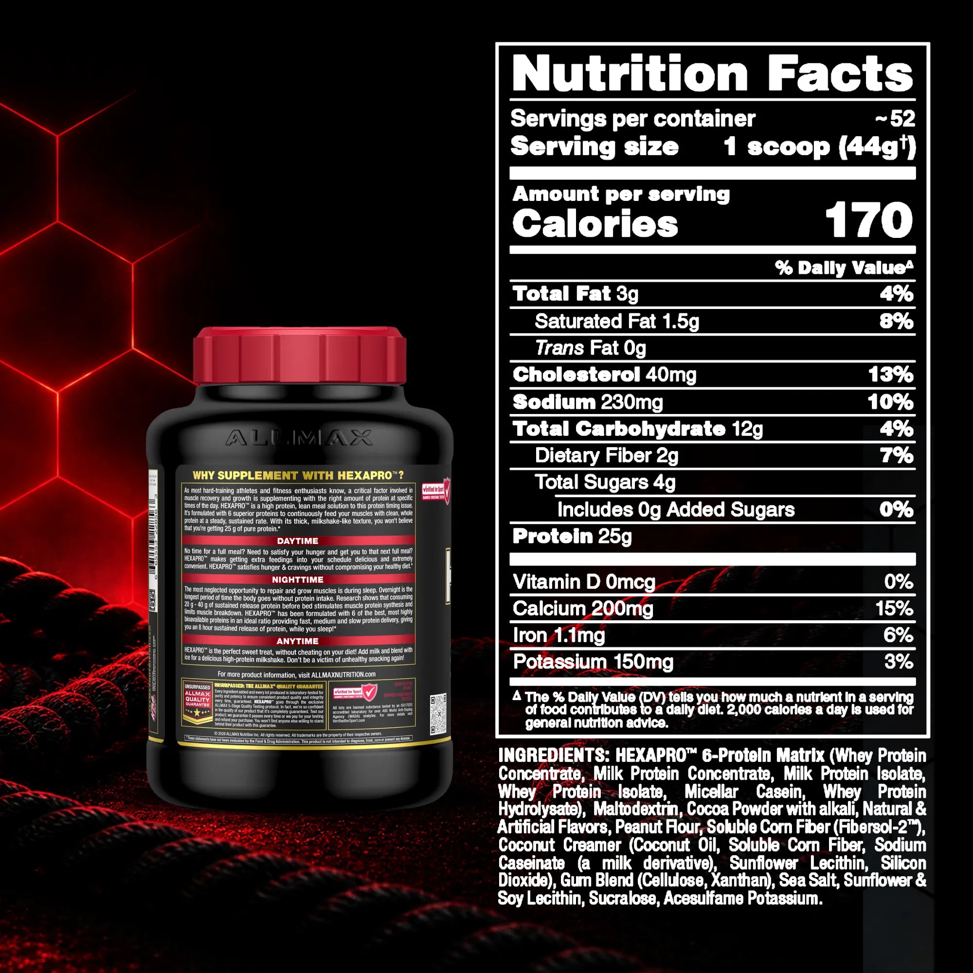 A supplement tub labeled AllMax HexaPro with a red lid and a large Nutrition Facts panel shown beside it on a black background with red glowing Hexapro graphics.