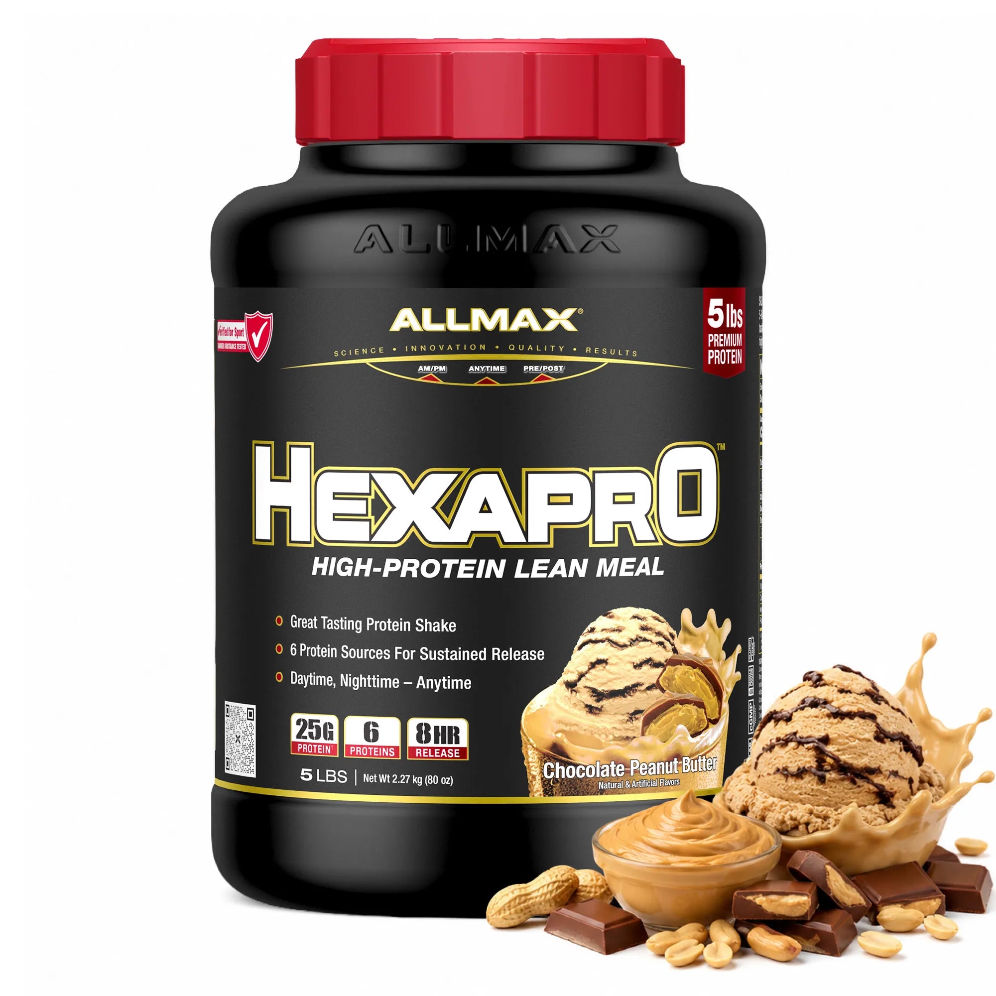 A tub of Allmax Hexapro High-Protein Lean Meal protein powder in Chocolate Peanut Butter flavor, shown on a white background with chocolate, peanuts, and peanut butter graphics in the foreground.