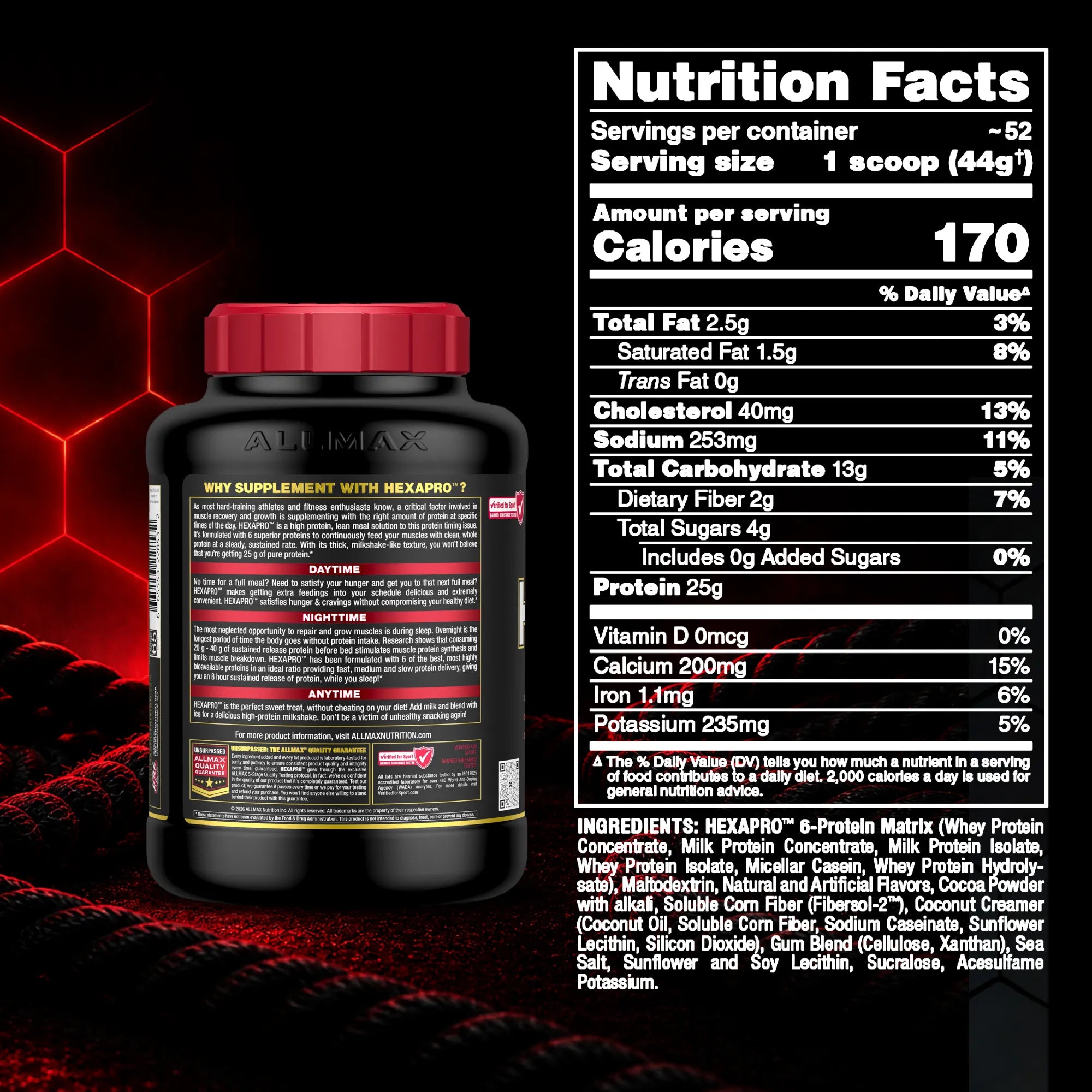 A black supplement tub with a red lid shown alongside a large Nutrition Facts label. The label reads ALLMAX and HEXAPPO.