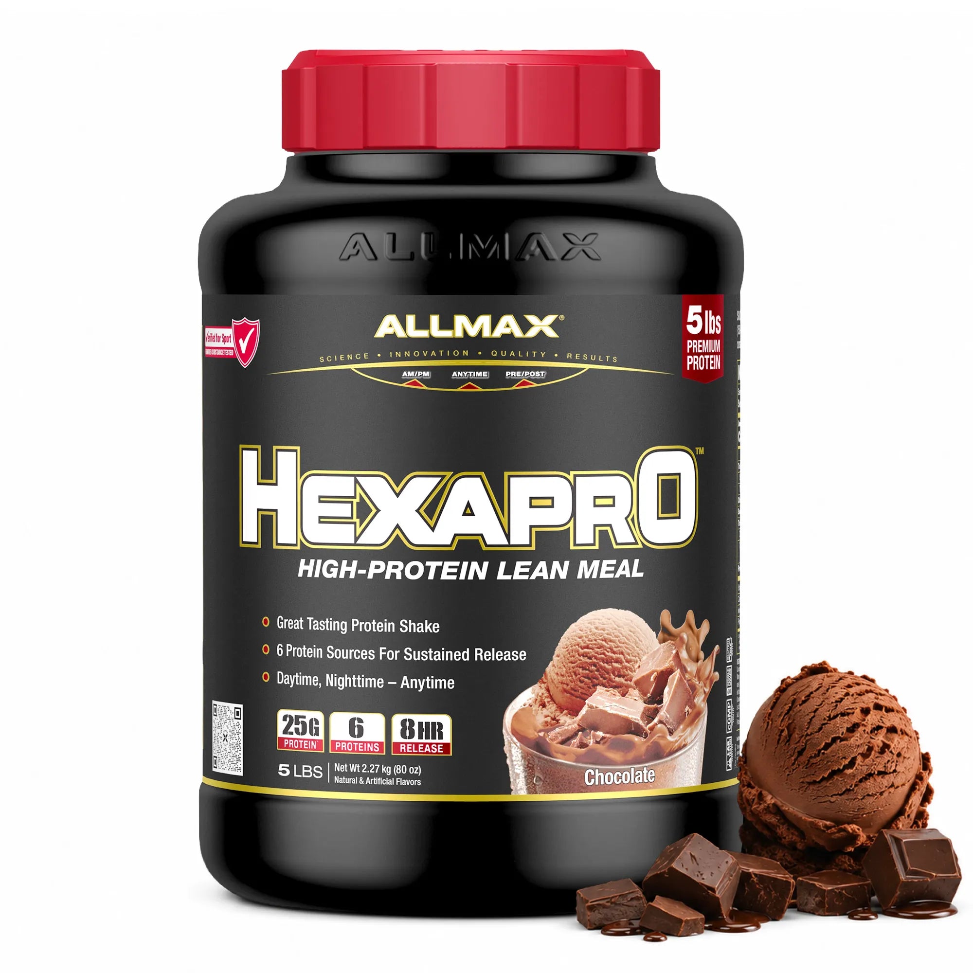 A tub of Allmax Hexapro High-Protein Lean Meal protein powder in Chocolate flavor, shown with chocolate ice cream and chocolate chunks on a white background.