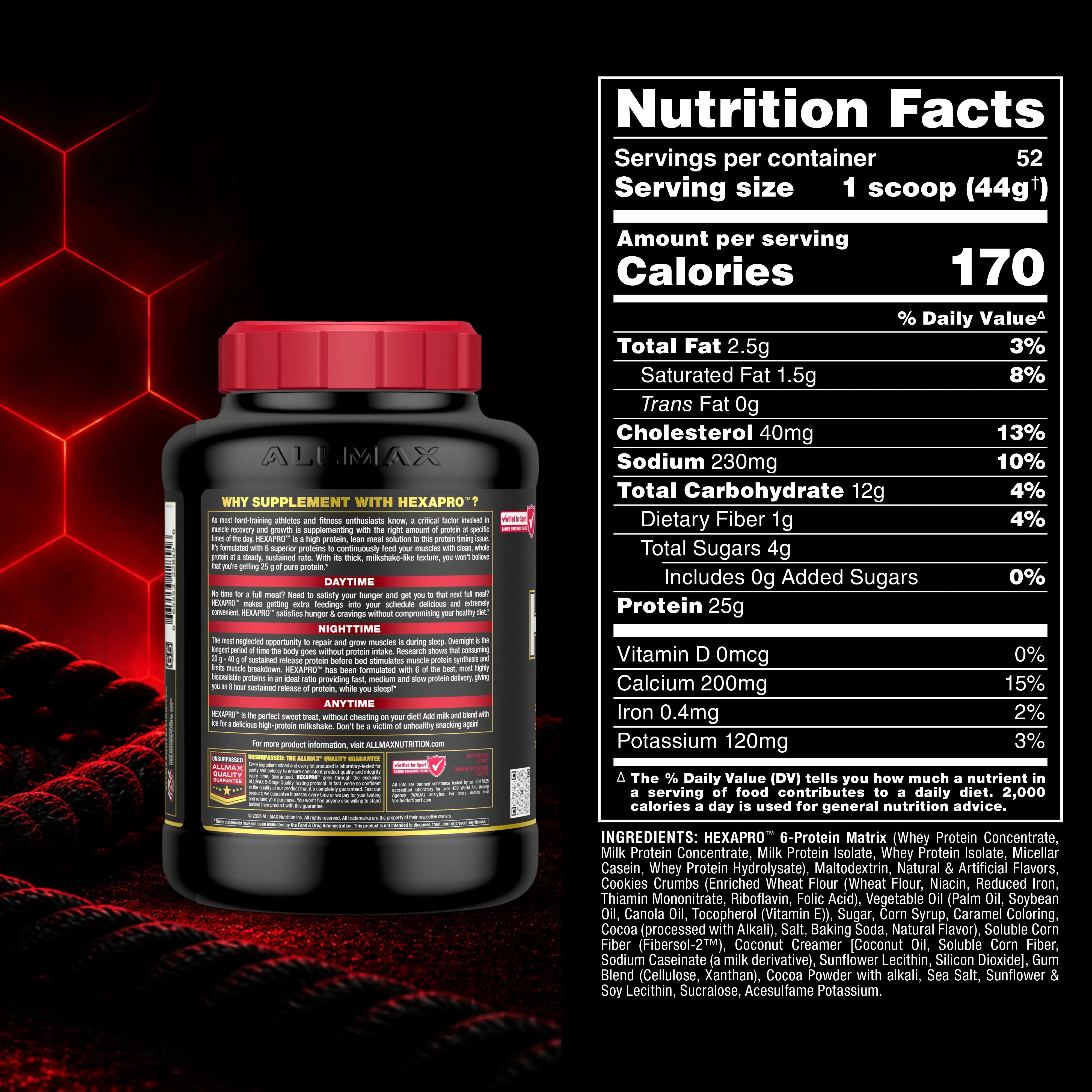 A black supplement tub with a red lid labeled AllMax Hexapro, shown beside a large Nutrition Facts panel on a dark red and black background with glowing red geometric lines.