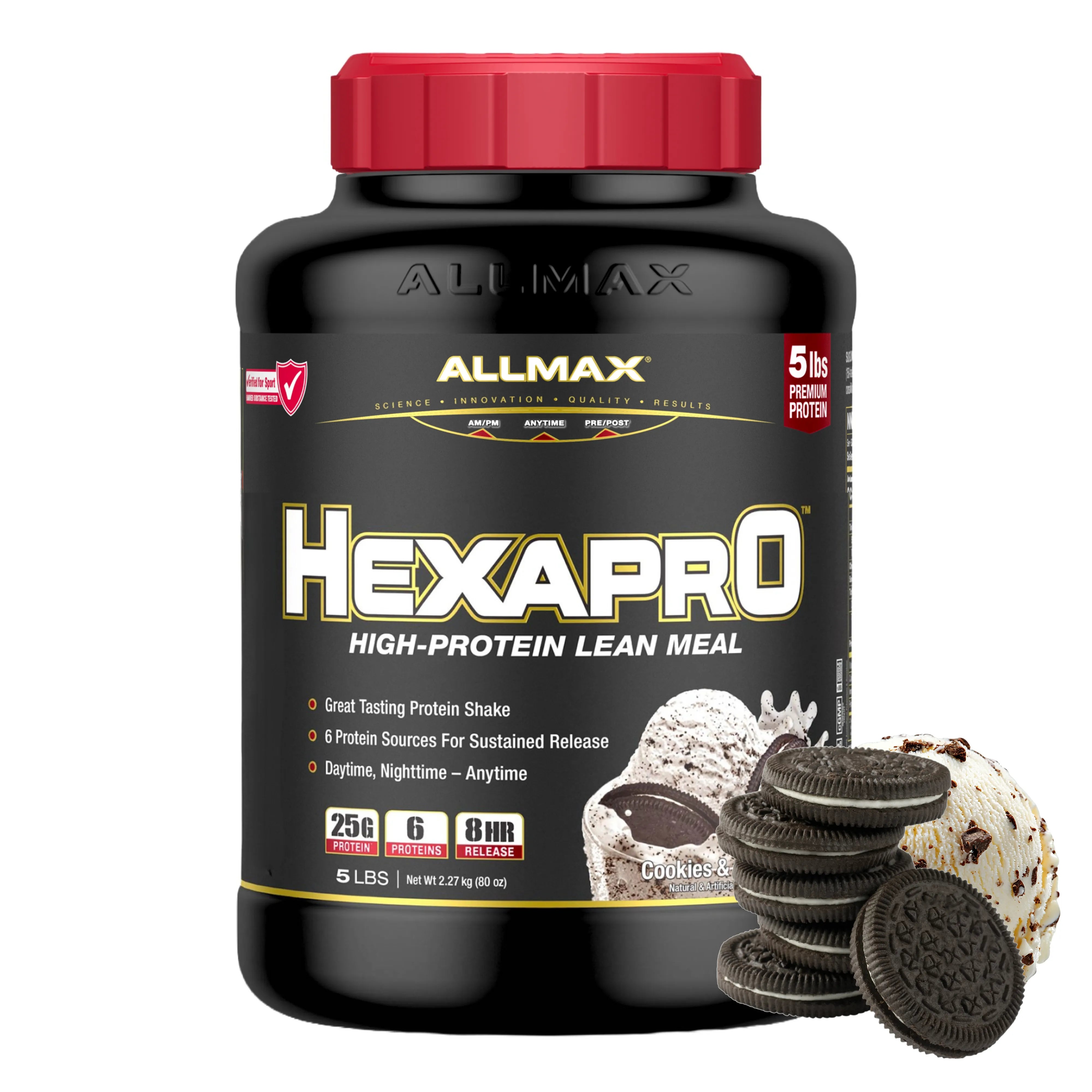A black tub of Allmax Hexapro High-Protein Lean Meal protein powder with a red lid, shown on a white background with Oreo cookie graphics indicating the chocolate cookie flavor.