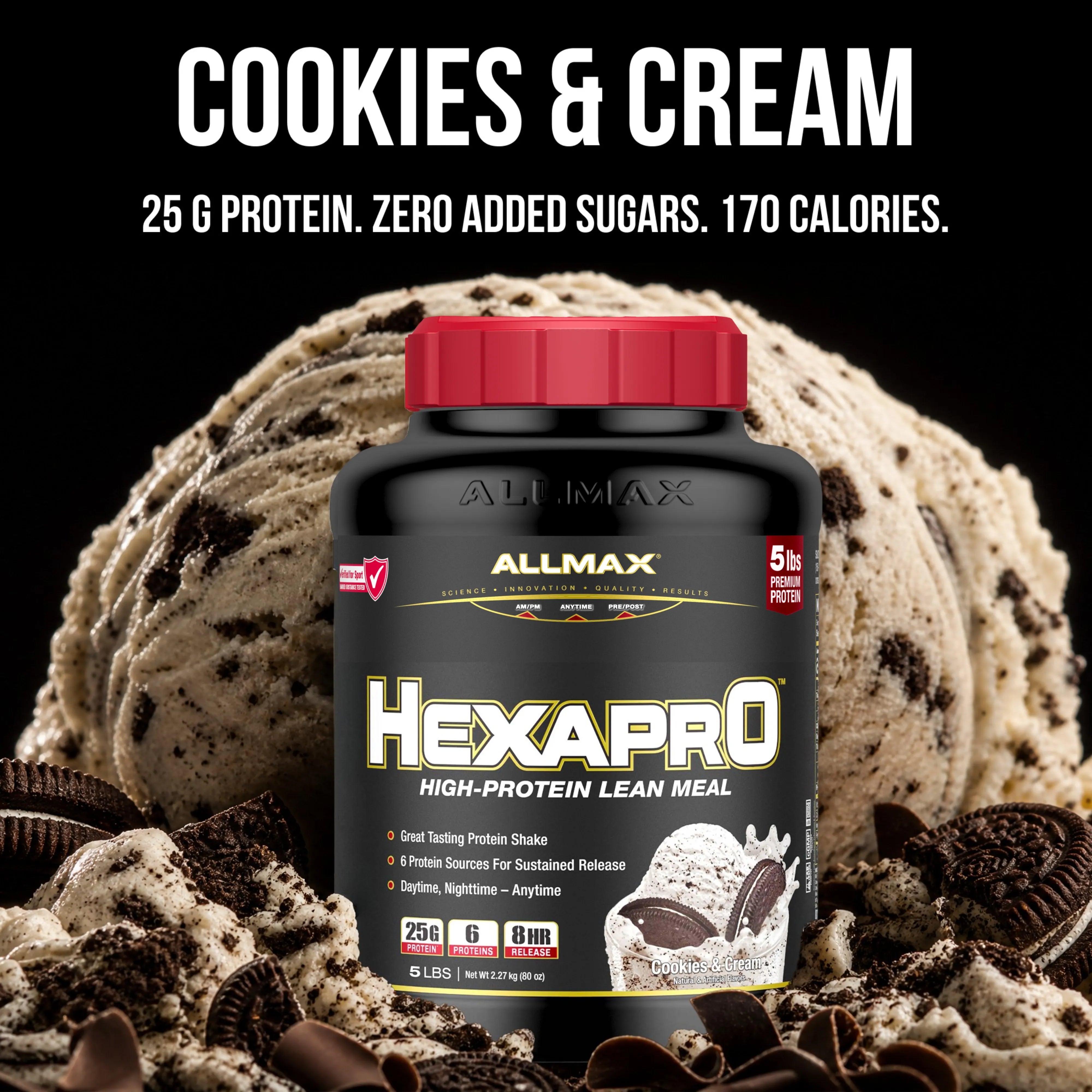 A tub of Allmax Hexapro protein powder in Cookies & Cream flavor, shown in front of a large scoop of cookie-flavored ice cream with Oreo cookies and chocolate pieces. Text at the top reads 'COOKIES & CREAM' with product details below.