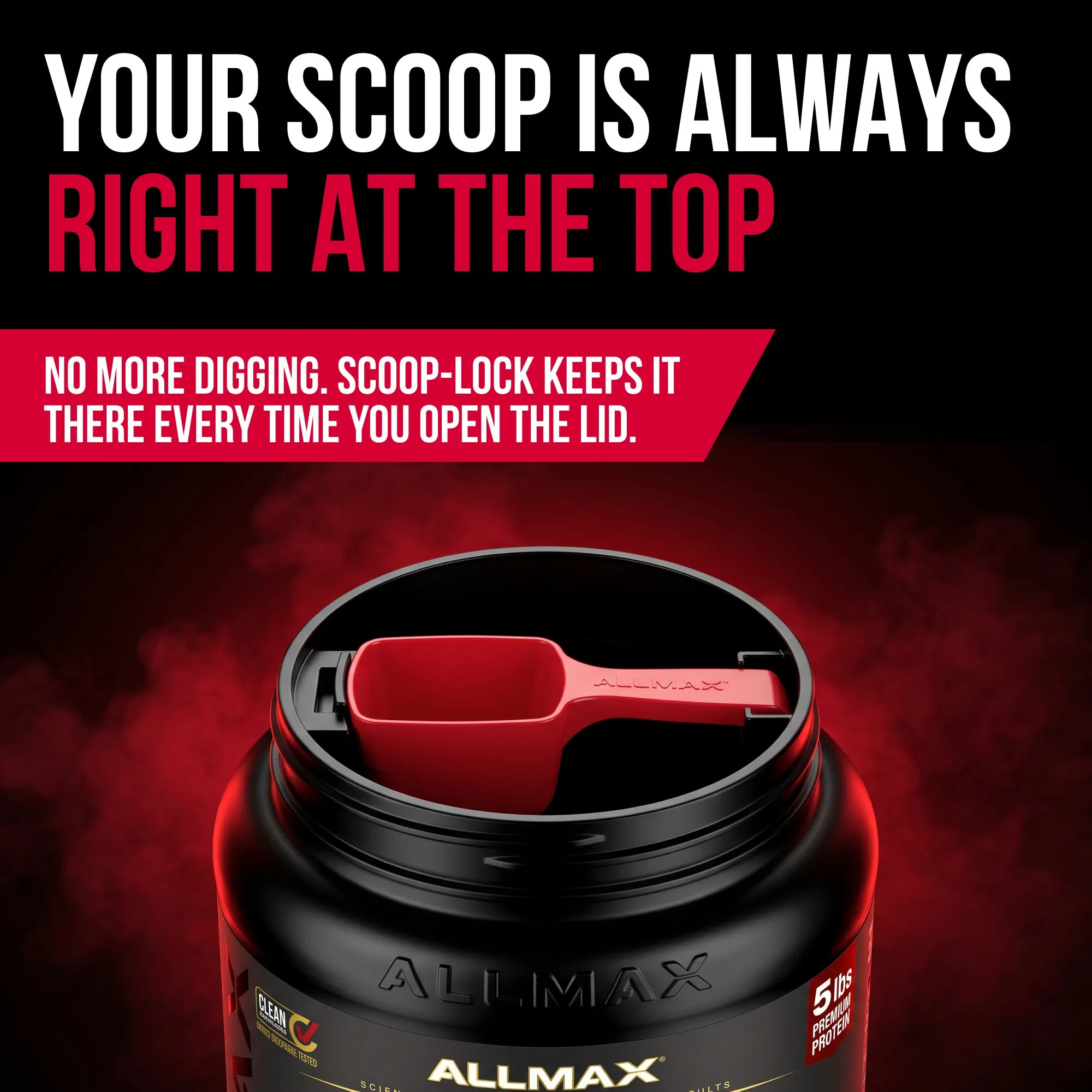A black Allmax supplement tub with a red scoop resting inside the open top, set against a dark red and black smoky background with promotional text above.