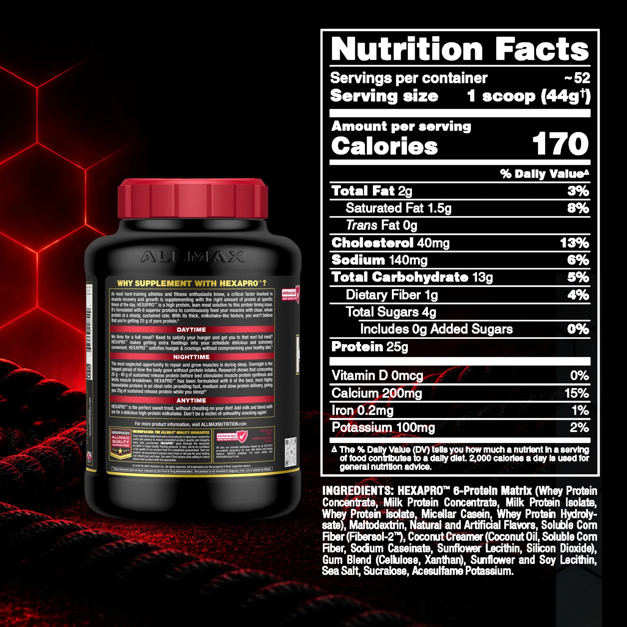 A black supplement bottle with a red cap shown next to a large Nutrition Facts label. The bottle has a red lid and black body with gold and white text.