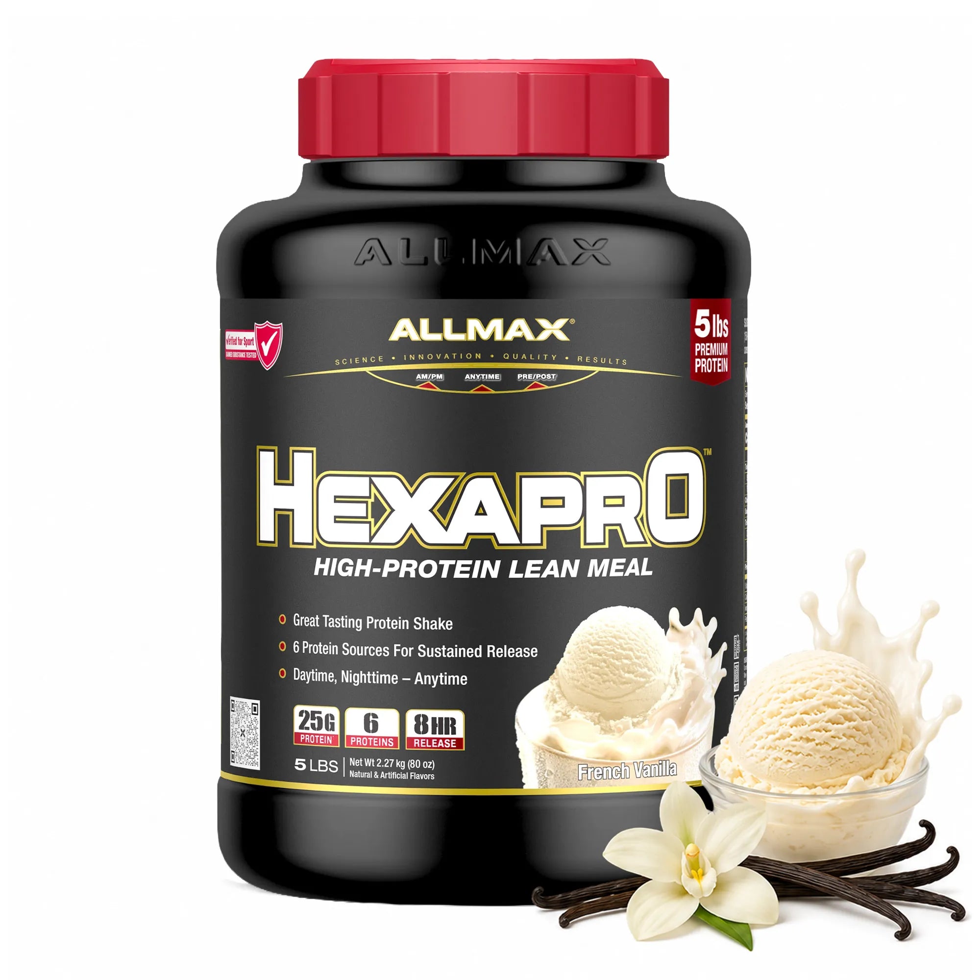 A tub of Allmax Hexapro High-Protein Lean Meal protein powder in vanilla flavor, shown on a white background with vanilla ice cream, a vanilla flower, and vanilla beans.