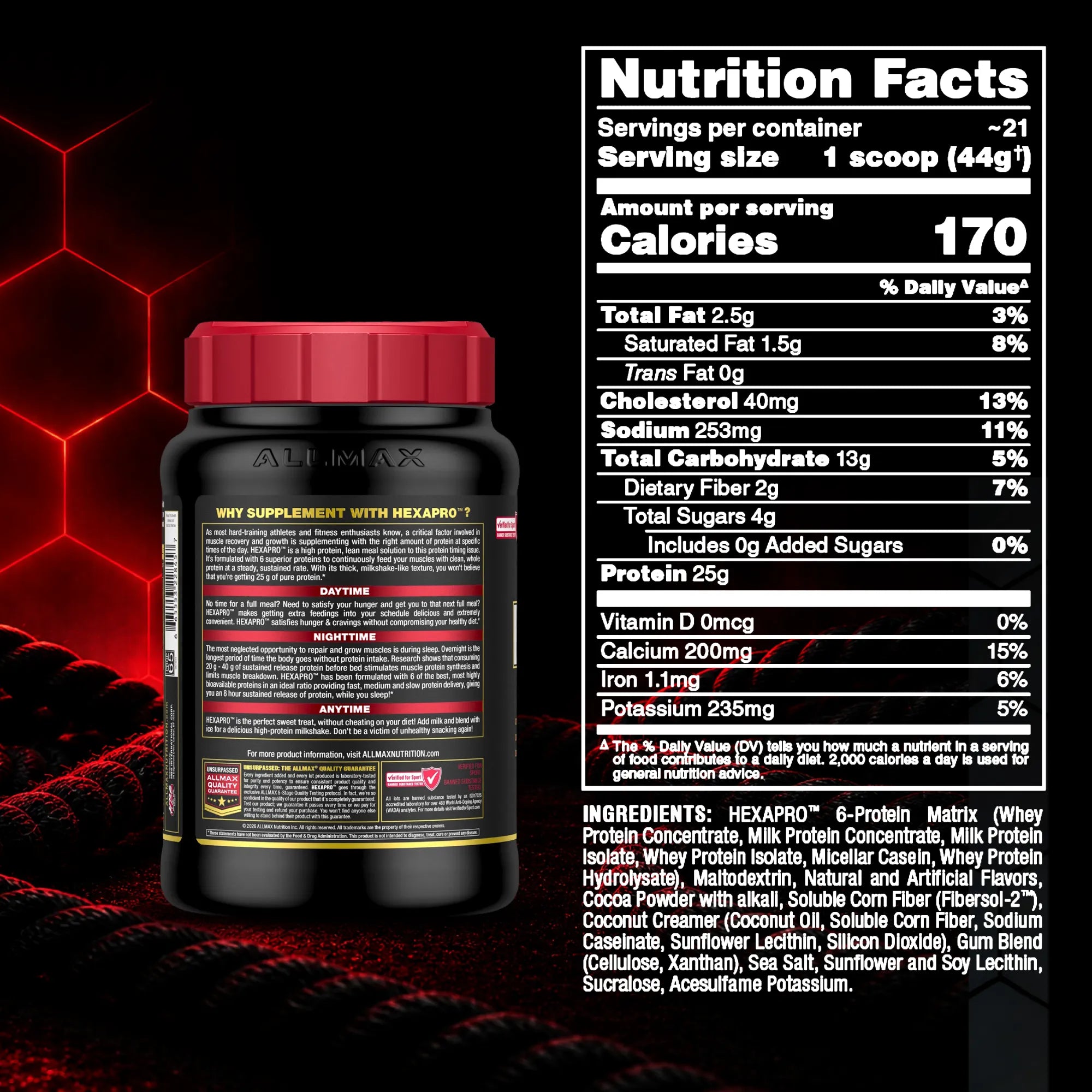 A black supplement tub with a red lid shown beside a large Nutrition Facts panel on a dark red and black background. The tub label reads AllinMAX and Hexapro, and the panel details serving size, calories, fat, cholesterol, sodium, carbohydrates, sugars, protein, vitamins, minerals, and ingredients.