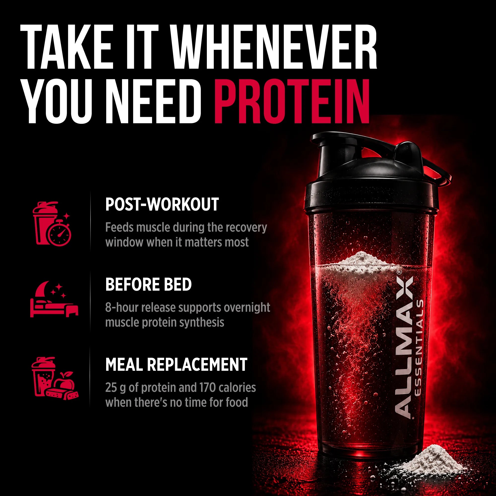 A black shaker bottle with a black lid and white vertical ALLMAX Essentials branding, shown on a dark red and black promotional background with text listing post-workout, before bed, and meal replacement uses.