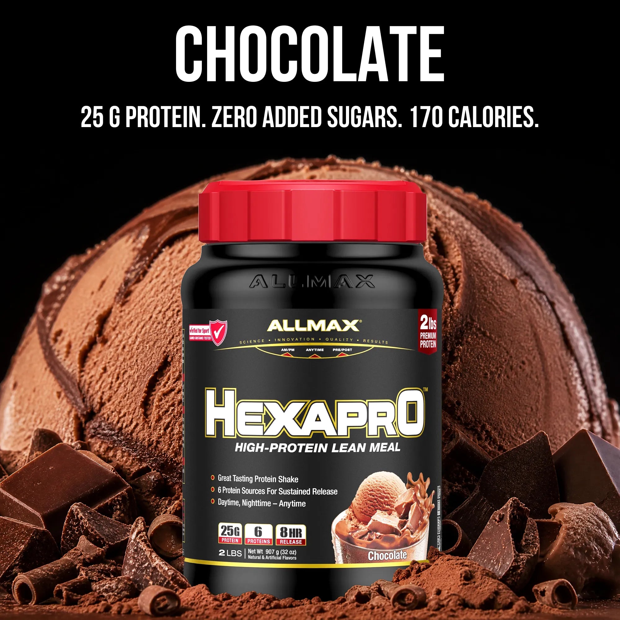 A tub of Allmax Hexapro chocolate-flavored protein powder centered on a black background with large white text reading CHOCOLATE and supporting claims above it. The product container is black with a bright red lid and a chocolate-themed promotional setup including chocolate chunks and a large chocolate swirl behind it.