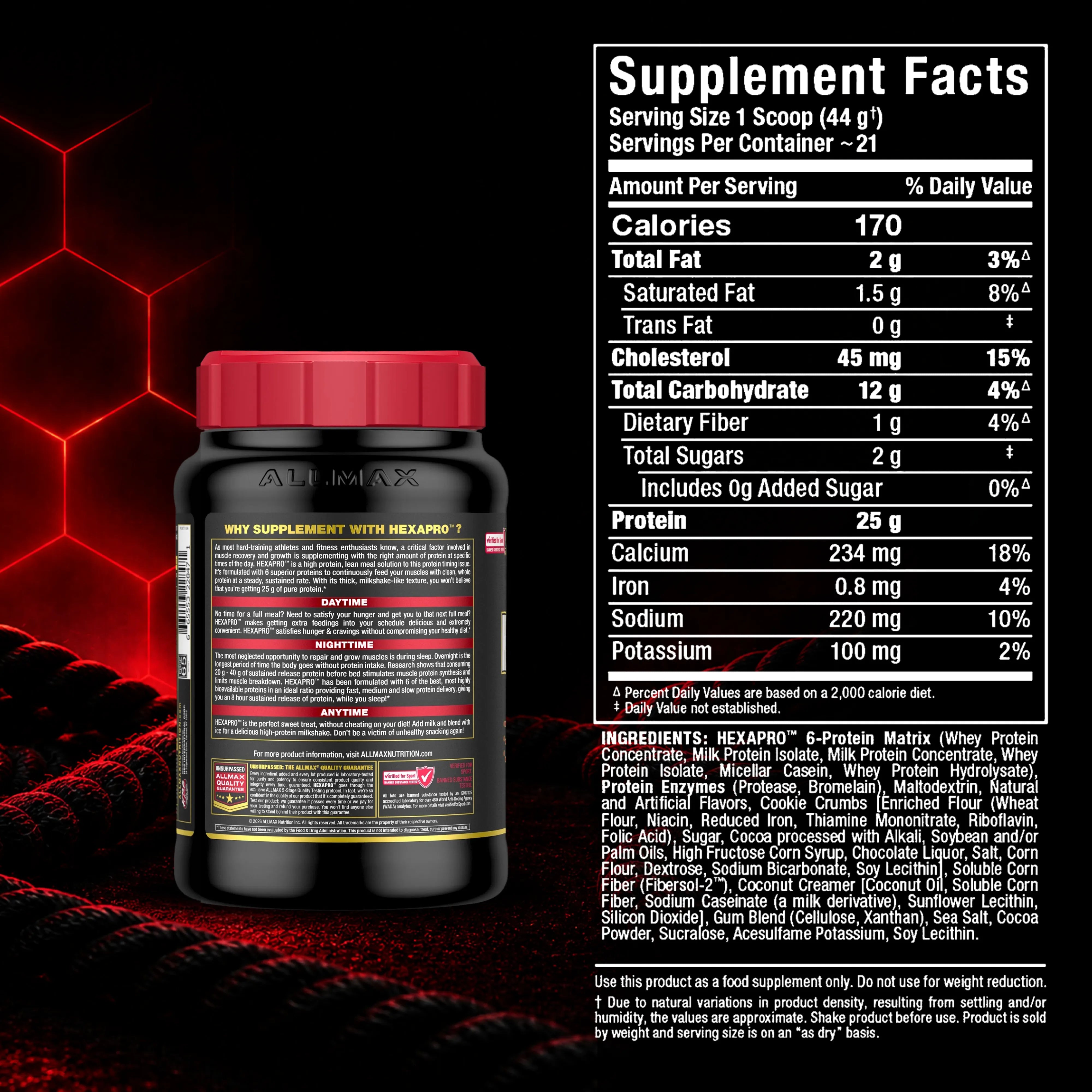 A black supplement tub with a red cap shown next to a large Supplement Facts label. The label reads AUMAX and HEAPRO, with a black background, red hexagon graphic, and dark red textured abstract shape behind the product.
