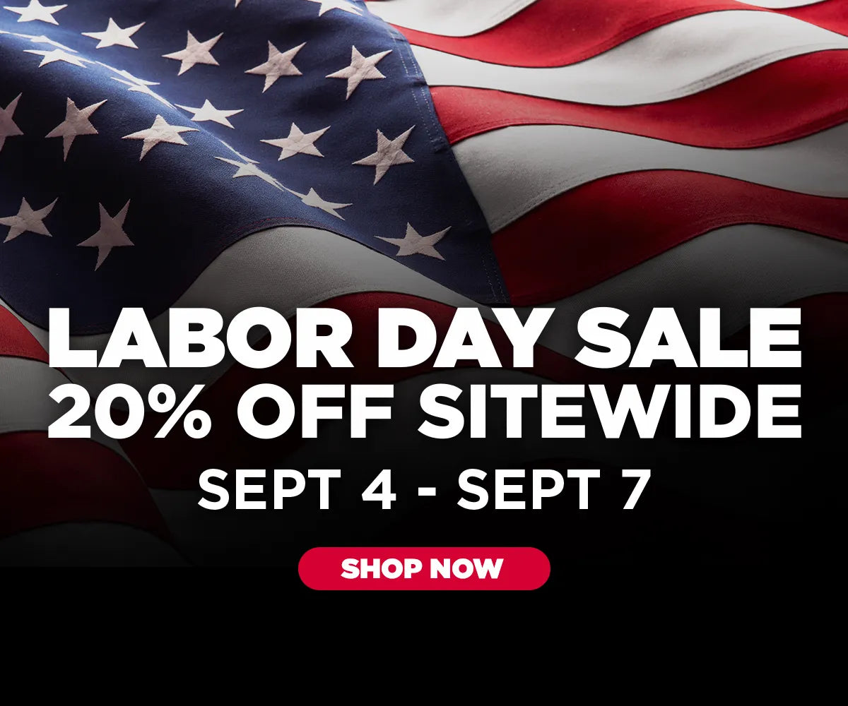 Promotional graphic for a Labor Day sale with a waving American flag background, large white text reading 'LABOR DAY SALE 20% OFF SITEWIDE SEPT 4 - SEPT 7,' and a red 'SHOP NOW' button on a black lower section.