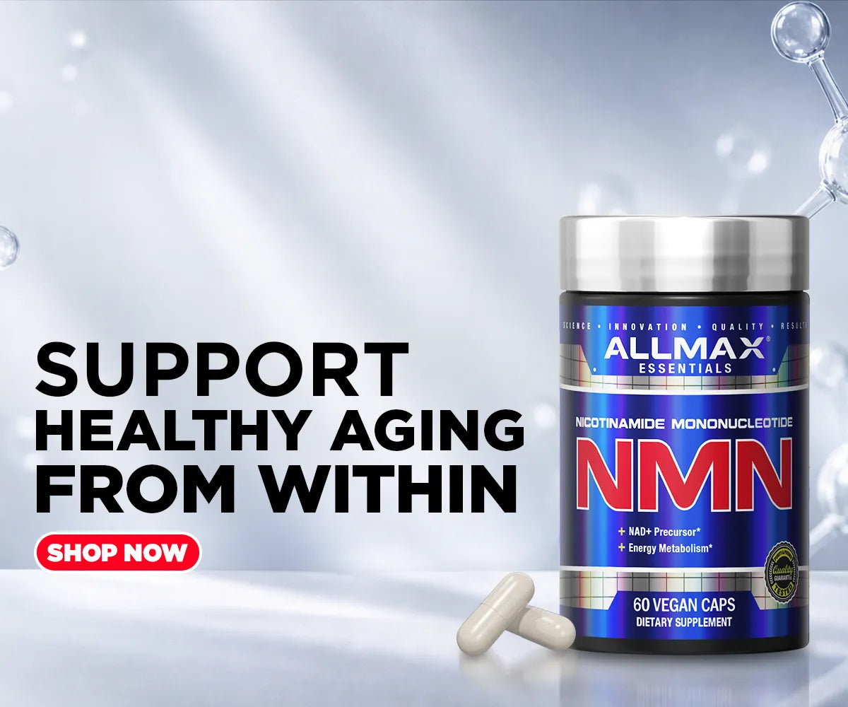 A bottle of All Max Essentials NMN dietary supplement with two capsules in front, set against a bright, light-blue and white background with text reading 'SUPPORT HEALTHY AGING FROM WITHIN' and a red 'SHOP NOW' button.