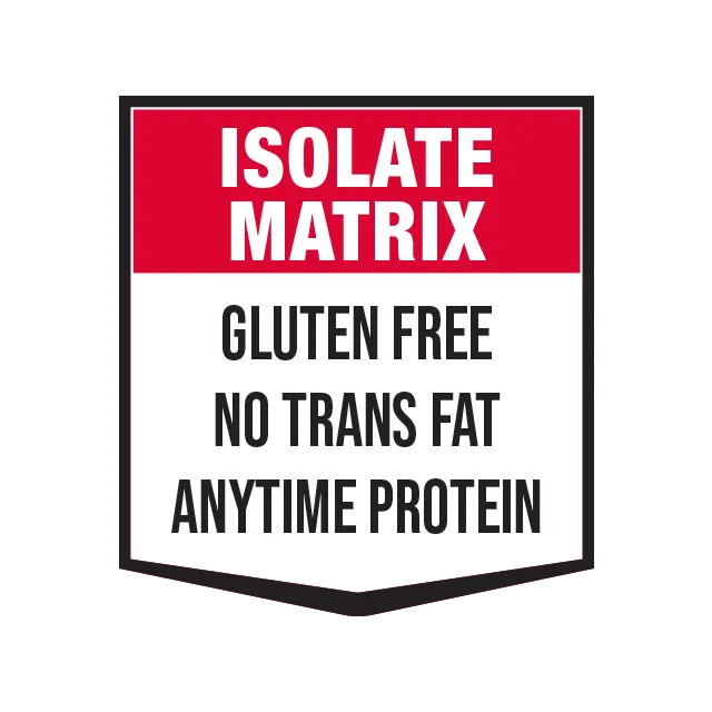 Logo for Isolate Matrix protein product with text about gluten-free, no trans fat, and anytime protein.