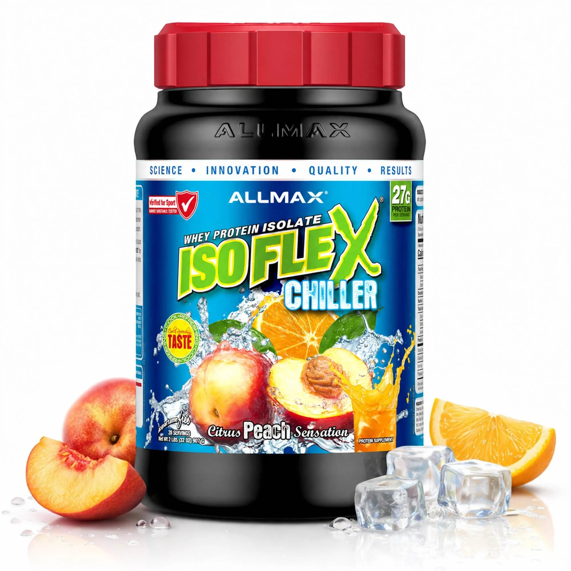 A bottle of Allmax IsoFlex Chiller whey protein isolate in Citrus Peach Sensation flavor, shown with peach slices, ice cubes, and orange slices on a white background.