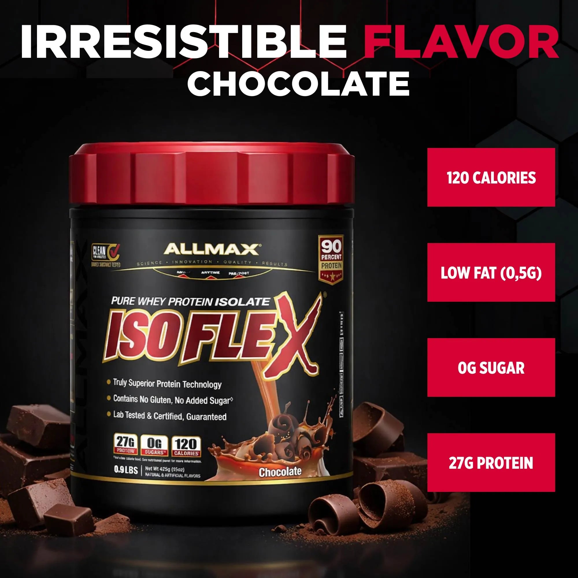 A tub of Allmax Isoflex Pure Whey Protein Isolate in Irresistible Flavor Chocolate, shown on a dark background with chocolate pieces and text callouts detailing its nutritional value.