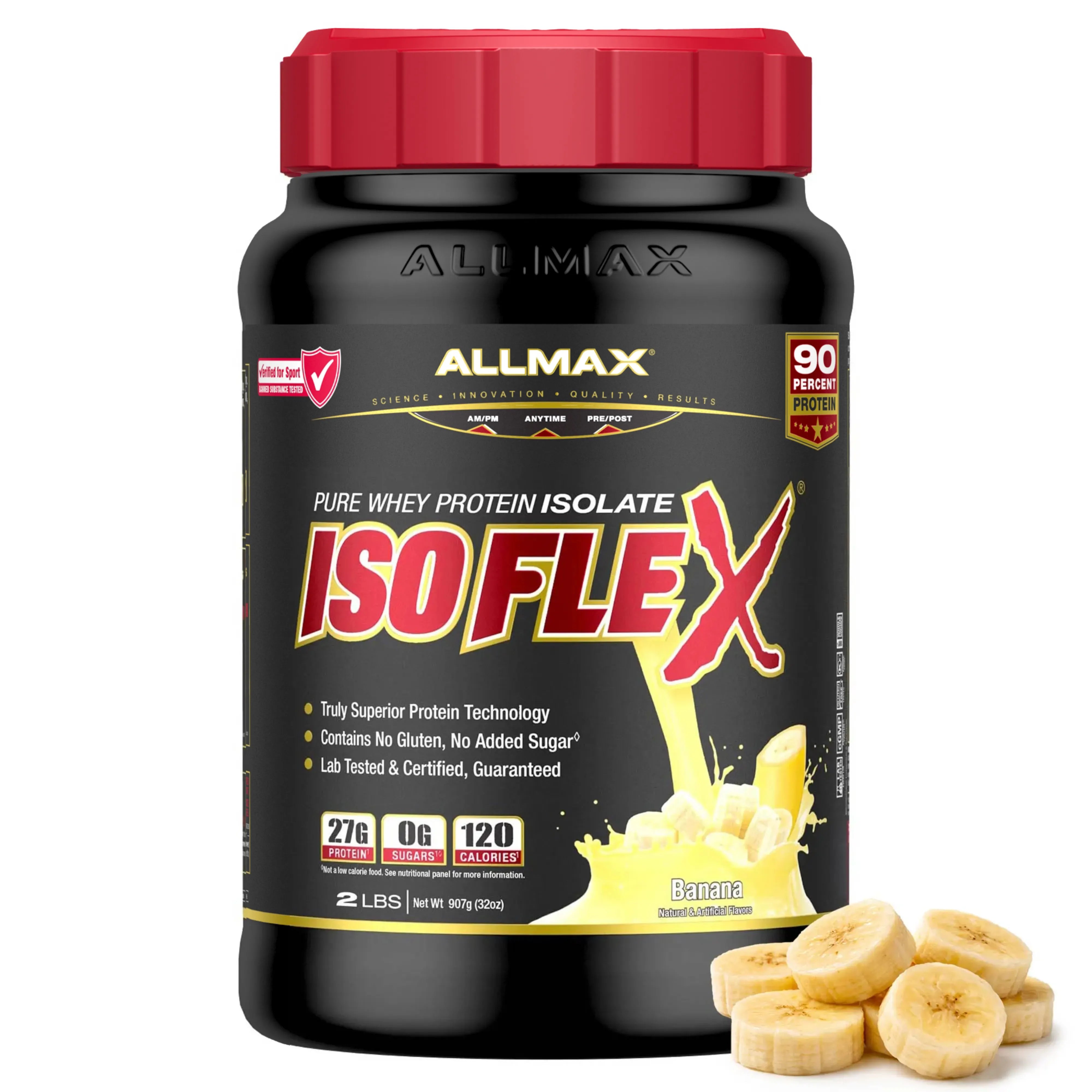 A 2 lb black tub of Allmax IsoFlex Pure Whey Protein Isolate in Banana flavor, featuring a red cap and banana slices shown next to it on a white background.