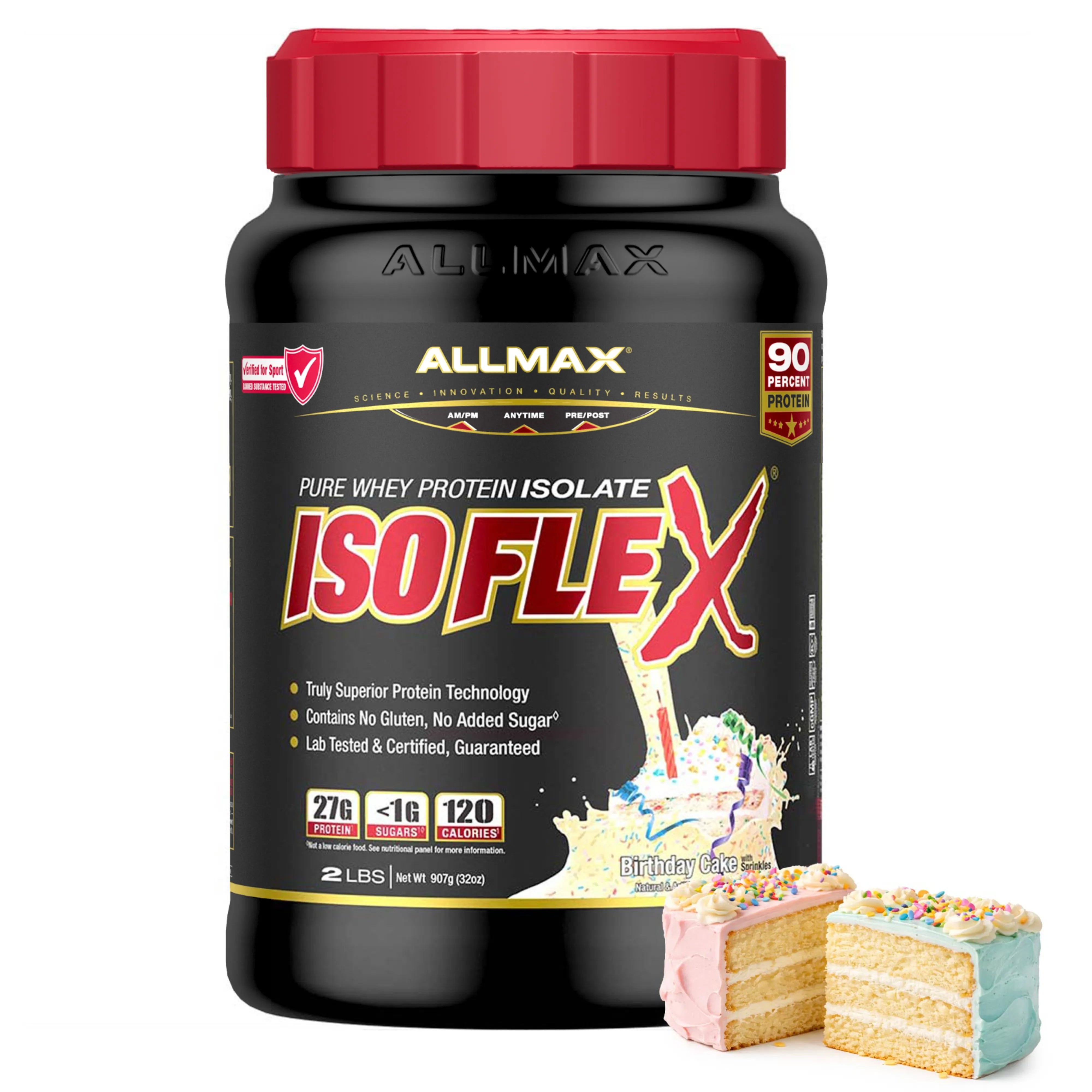 A black tub of Allmax ISOFLEX Pure Whey Protein Isolate with a red lid, shown on a white background with two cake slices in the foreground.