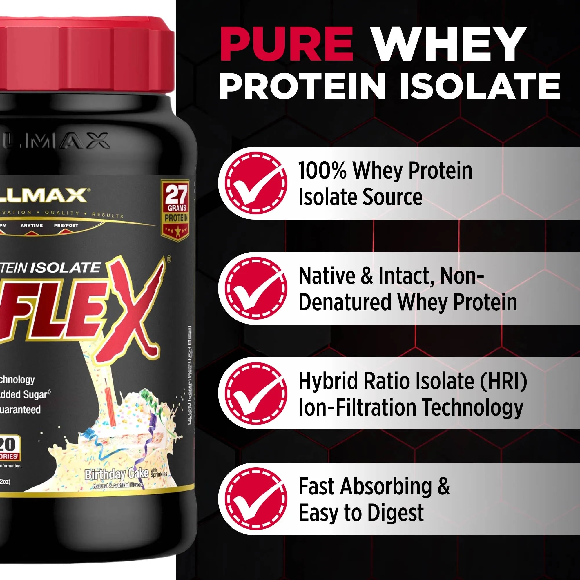 AllMax ISOFlex Pure Whey Protein Isolate container with features listed on a black background