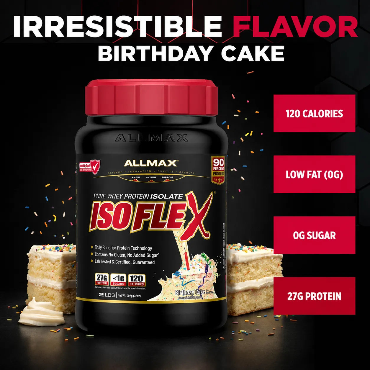 A bottle of Allmax Isoflex Pure Whey Protein Isolate in 'Irresistible Flavor Birthday Cake' flavor, shown with two cake slices on a dark background with promotional text overlays.