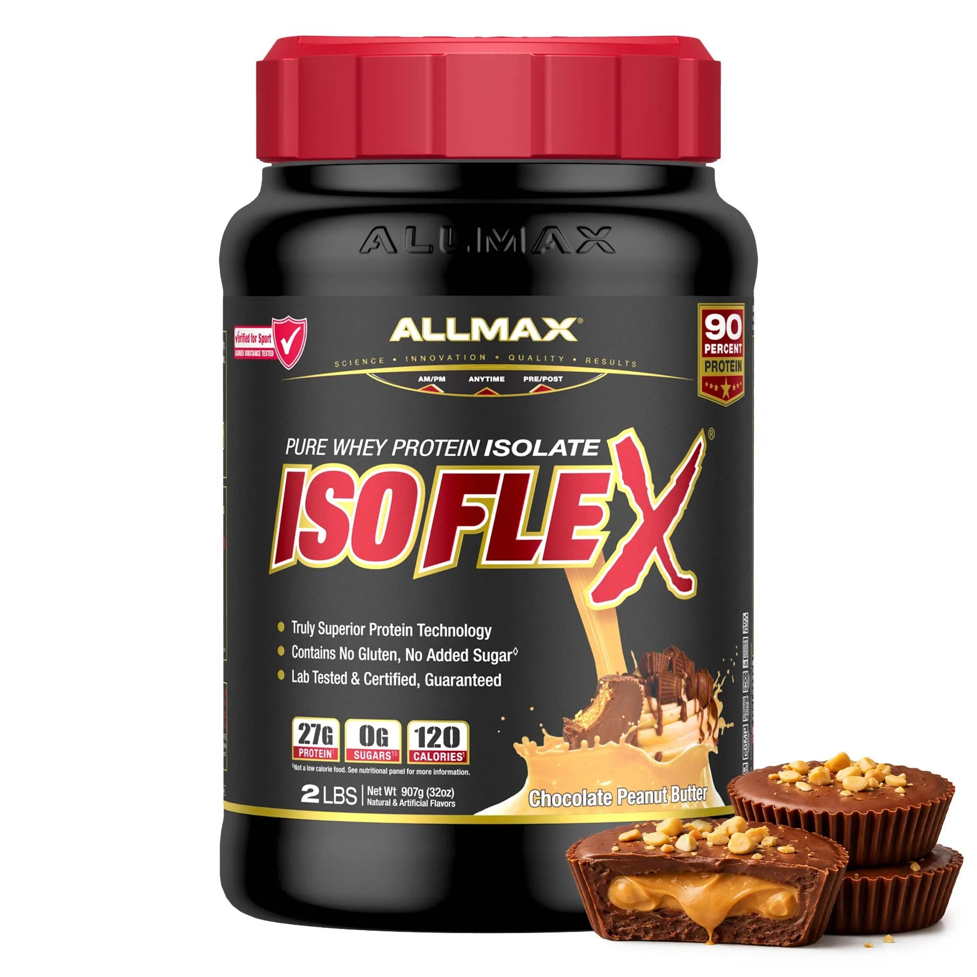 A black tub of Allmax IsoFlex Pure Whey Protein Isolate in Chocolate Peanut Butter flavor, featuring a red lid and a label with red and gold lettering. The tub is shown on a white background with two chocolate peanut butter cups in the lower right corner.