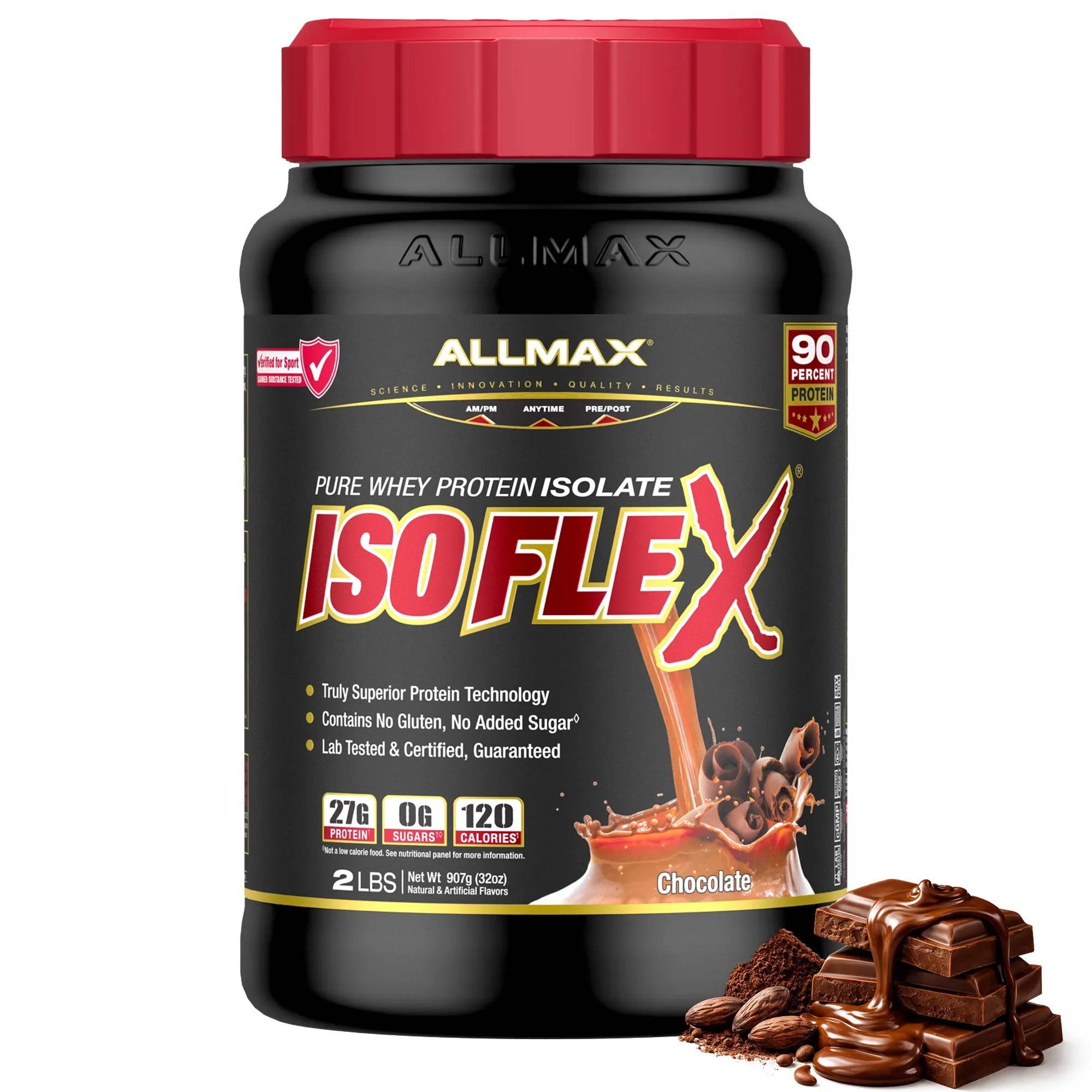 A 2 lb tub of Allmax IsoFlex Pure Whey Protein Isolate in Chocolate flavor, featuring a black container with a red lid and a red and gold label, with chocolate chunks depicted at the bottom right.